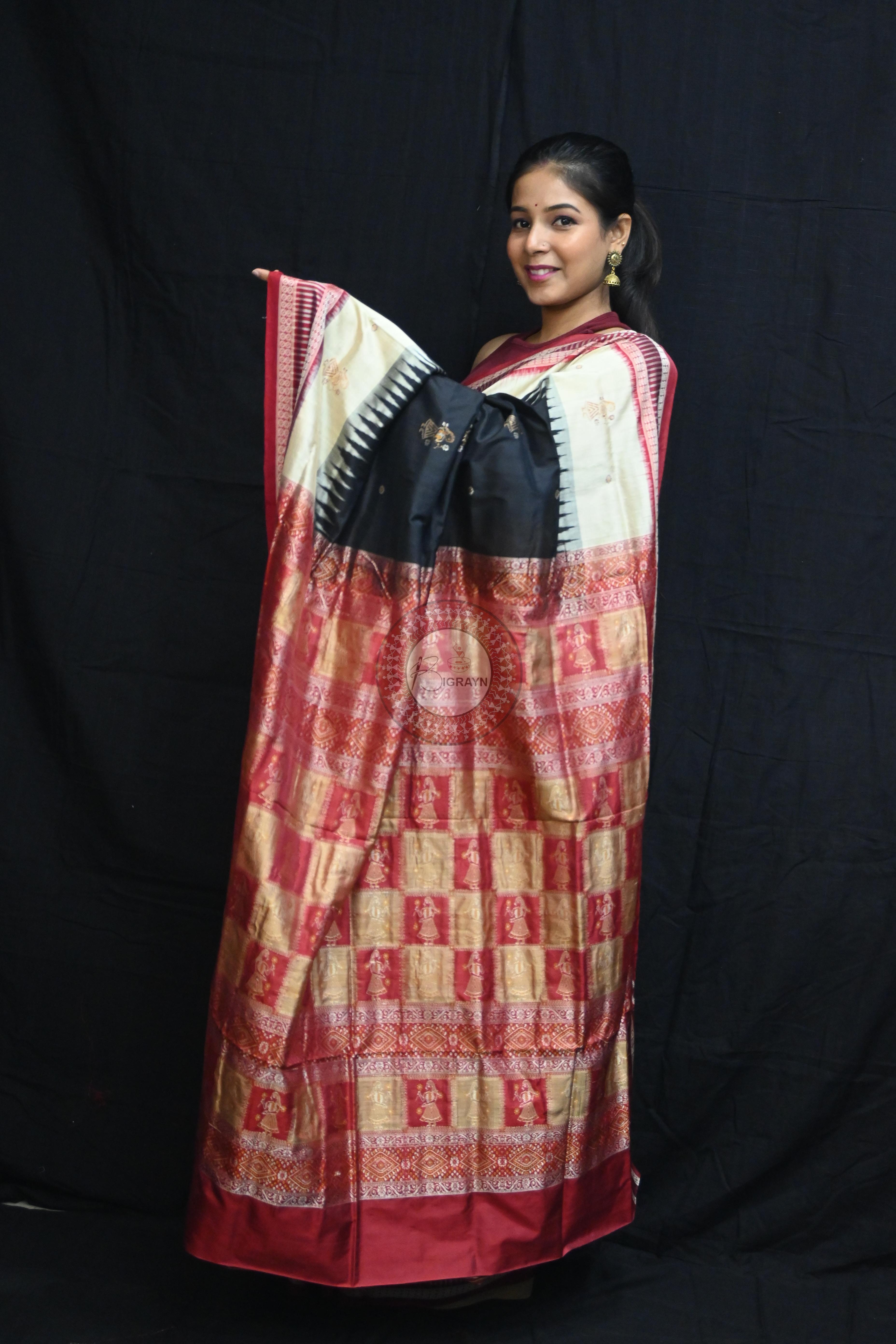 Black Cream Doll Kathifera Bomkai Silk Saree