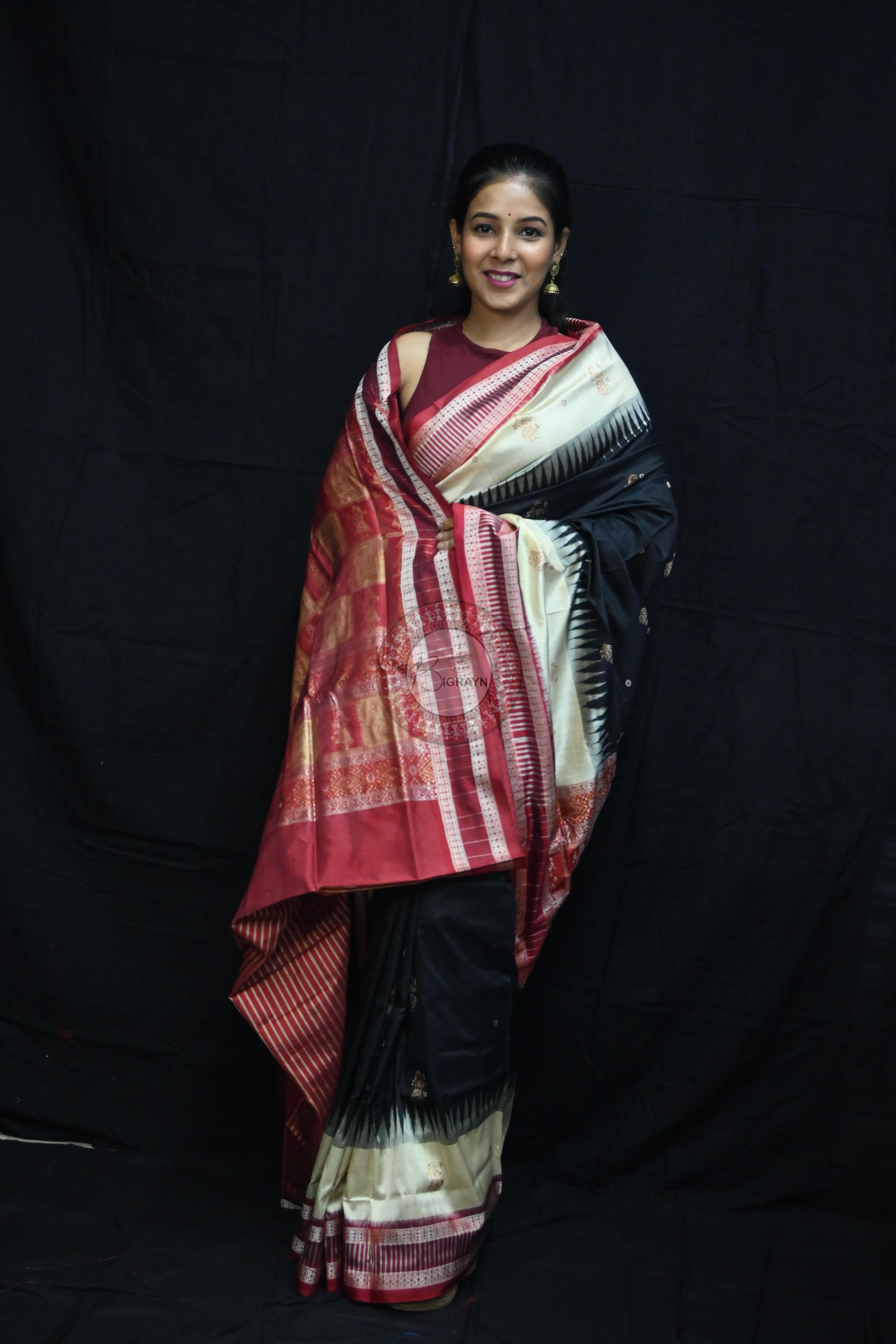 Black Cream Doll Kathifera Bomkai Silk Saree