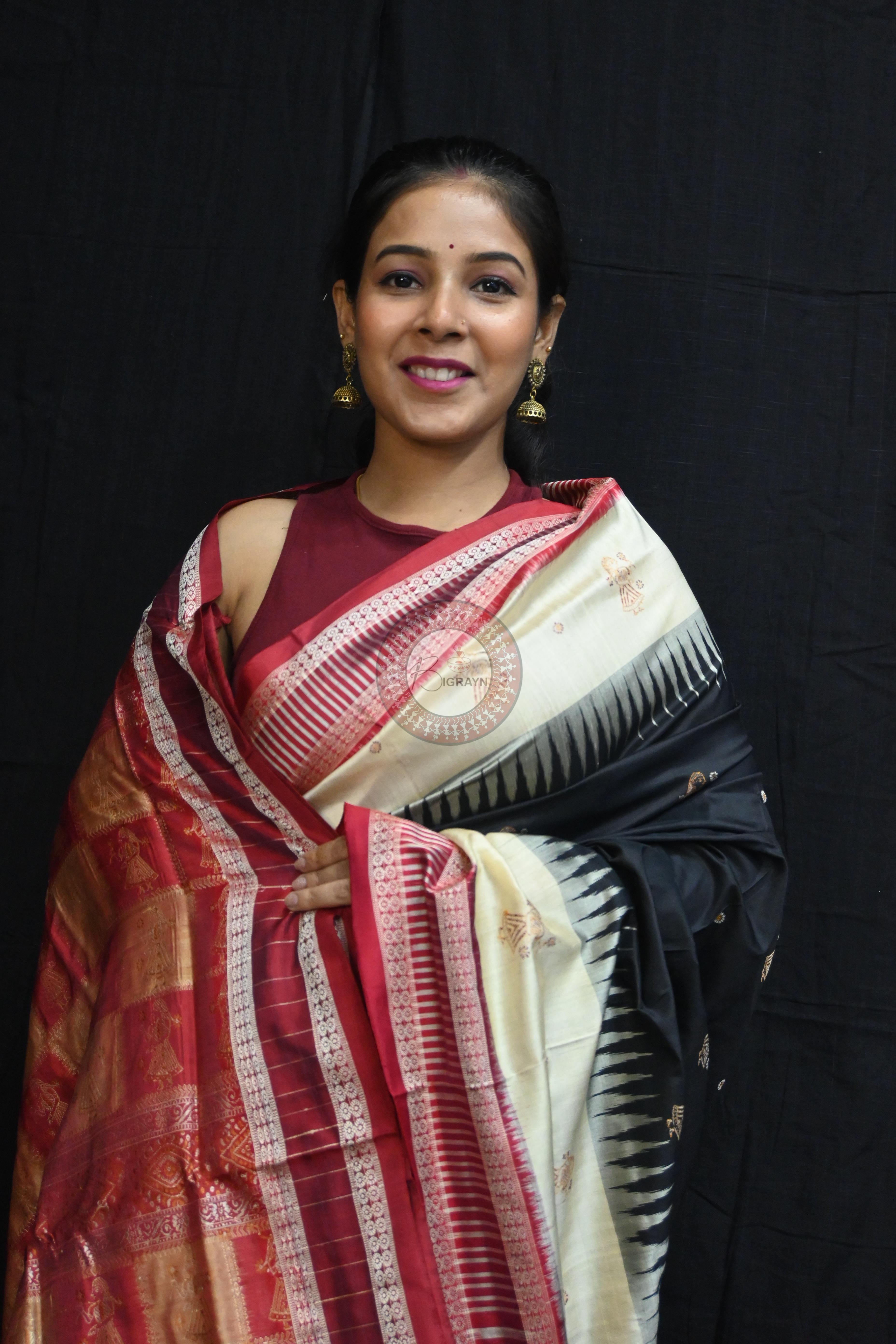 Black Cream Doll Kathifera Bomkai Silk Saree