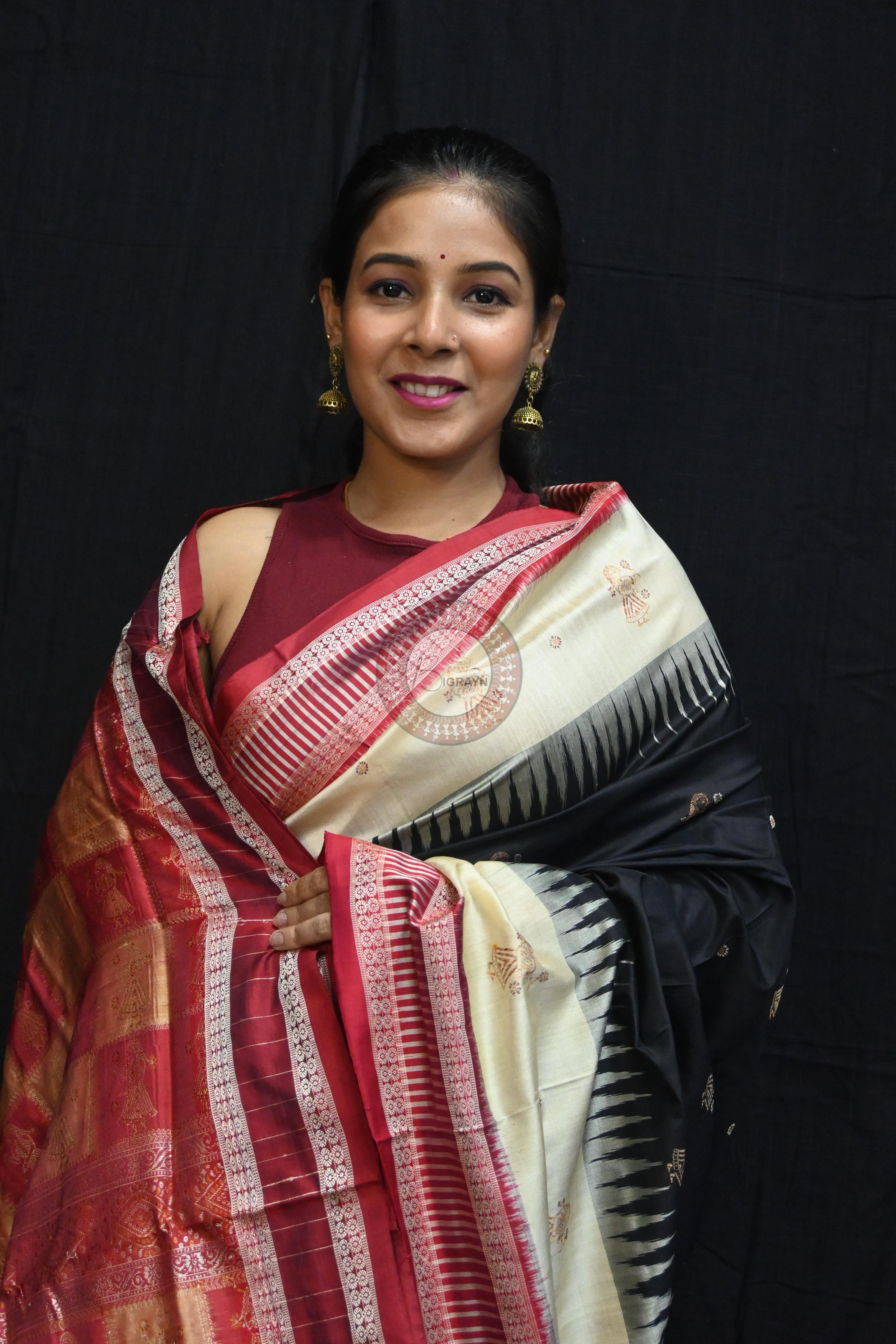 Black Cream Doll Kathifera Bomkai Silk Saree