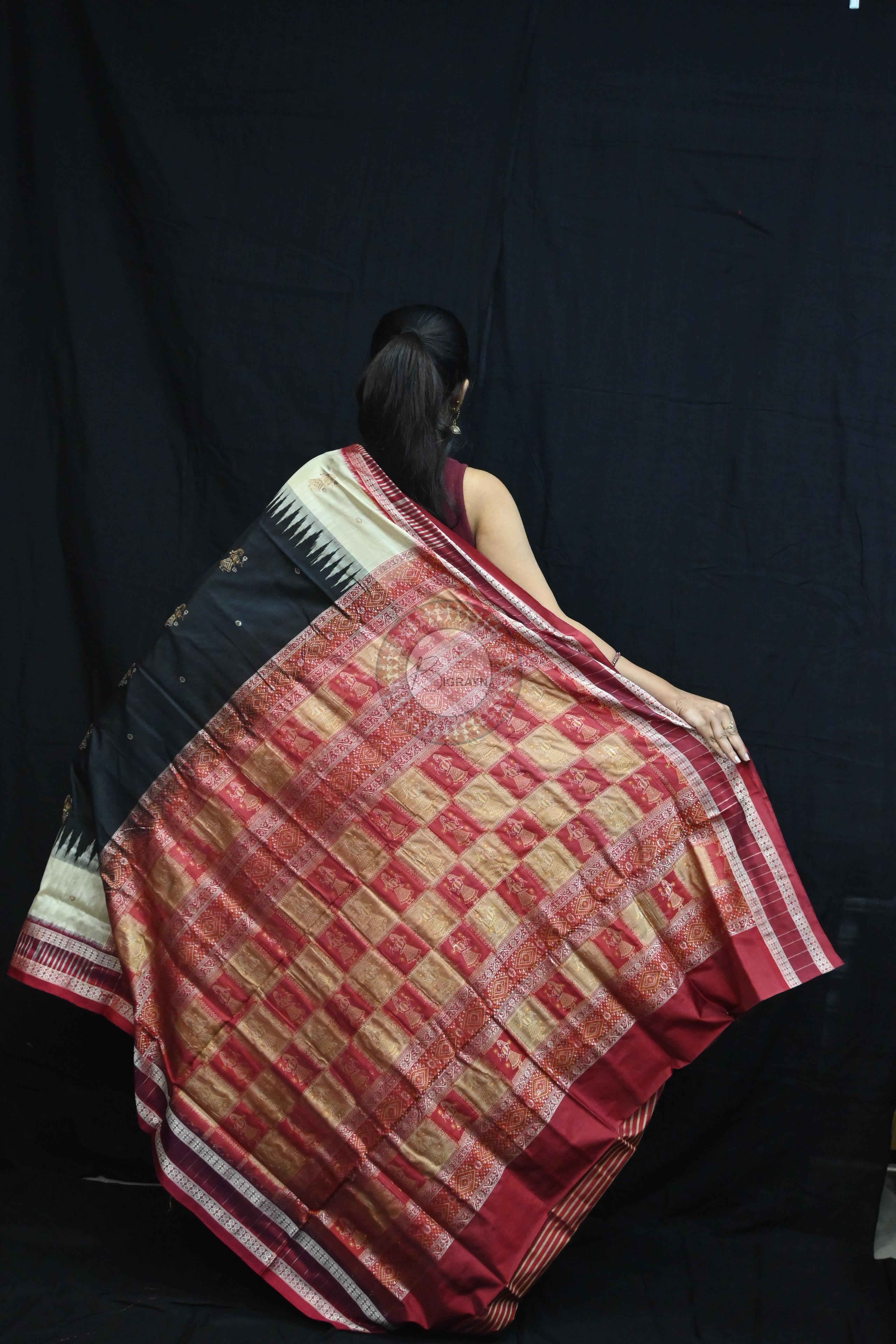 Black Cream Doll Kathifera Bomkai Silk Saree