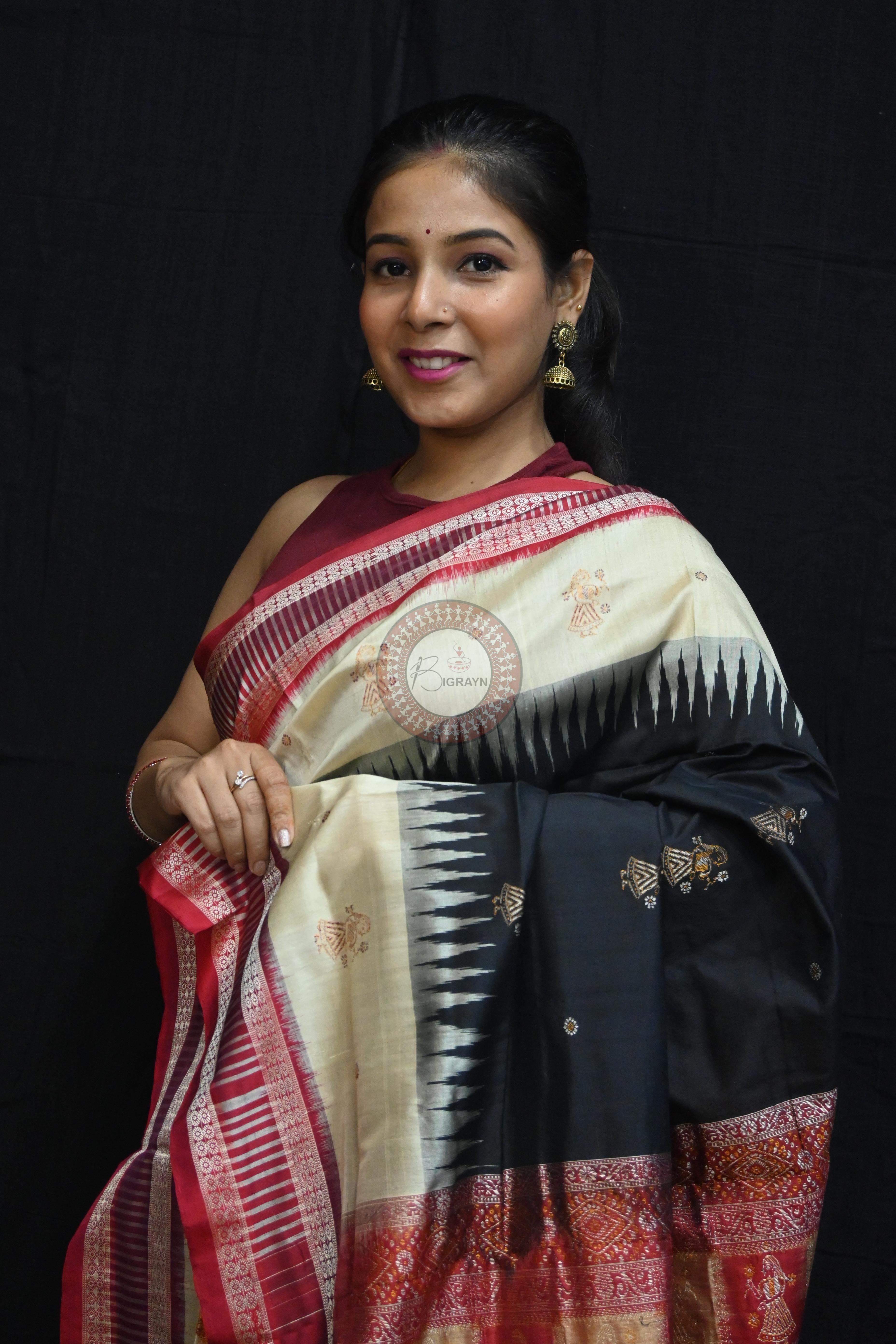 Black Cream Doll Kathifera Bomkai Silk Saree