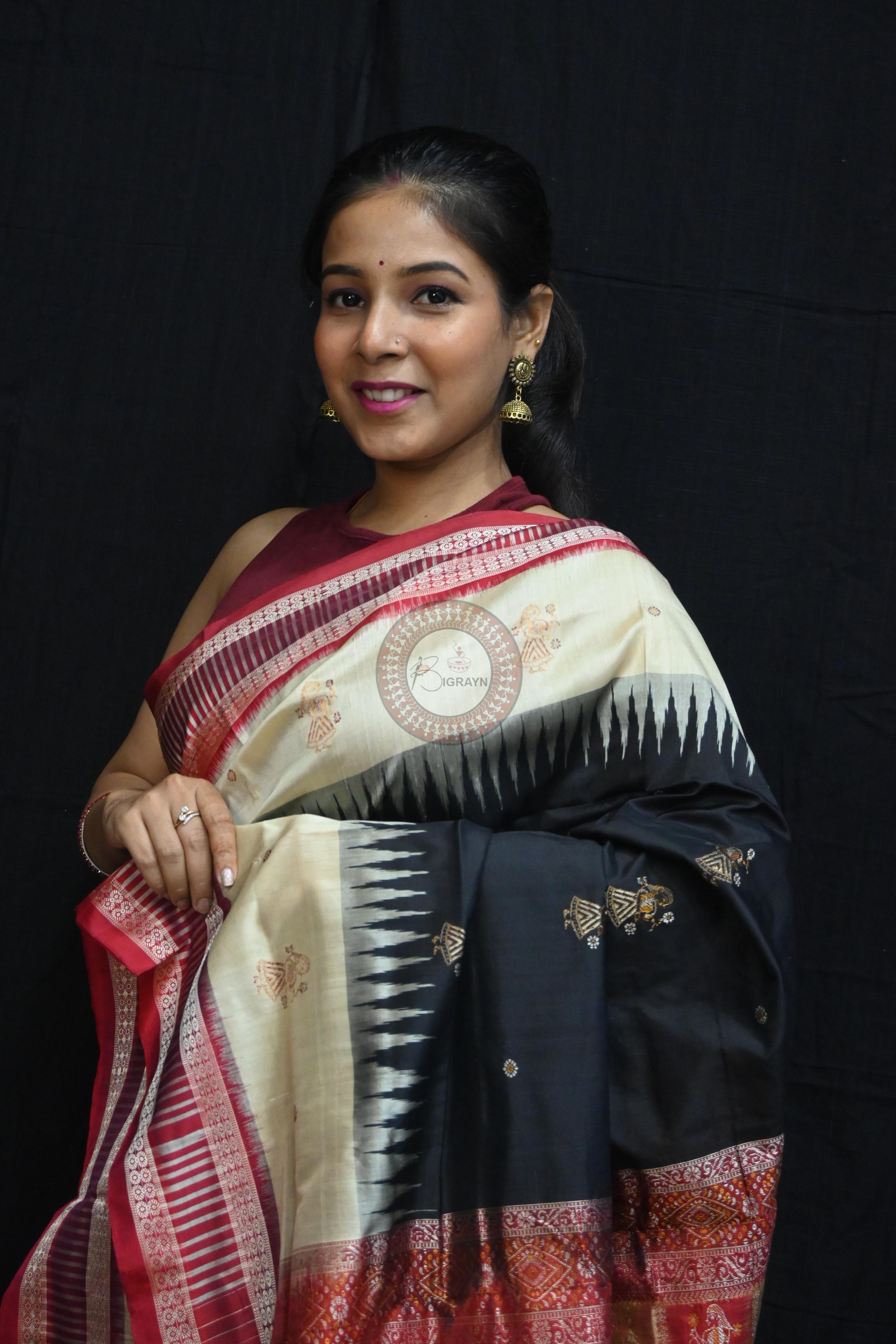 Black Cream Doll Kathifera Bomkai Silk Saree