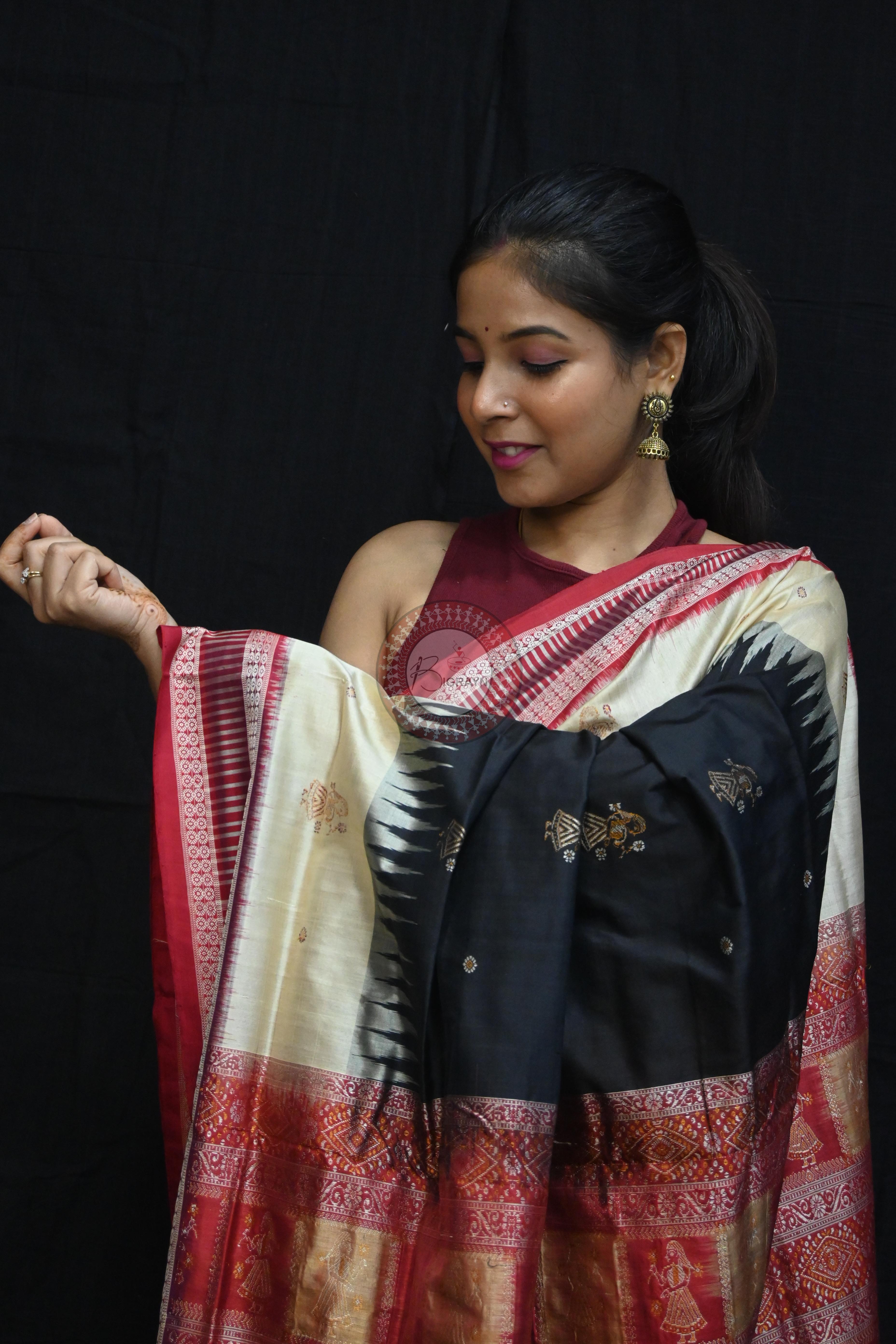 Black Cream Doll Kathifera Bomkai Silk Saree
