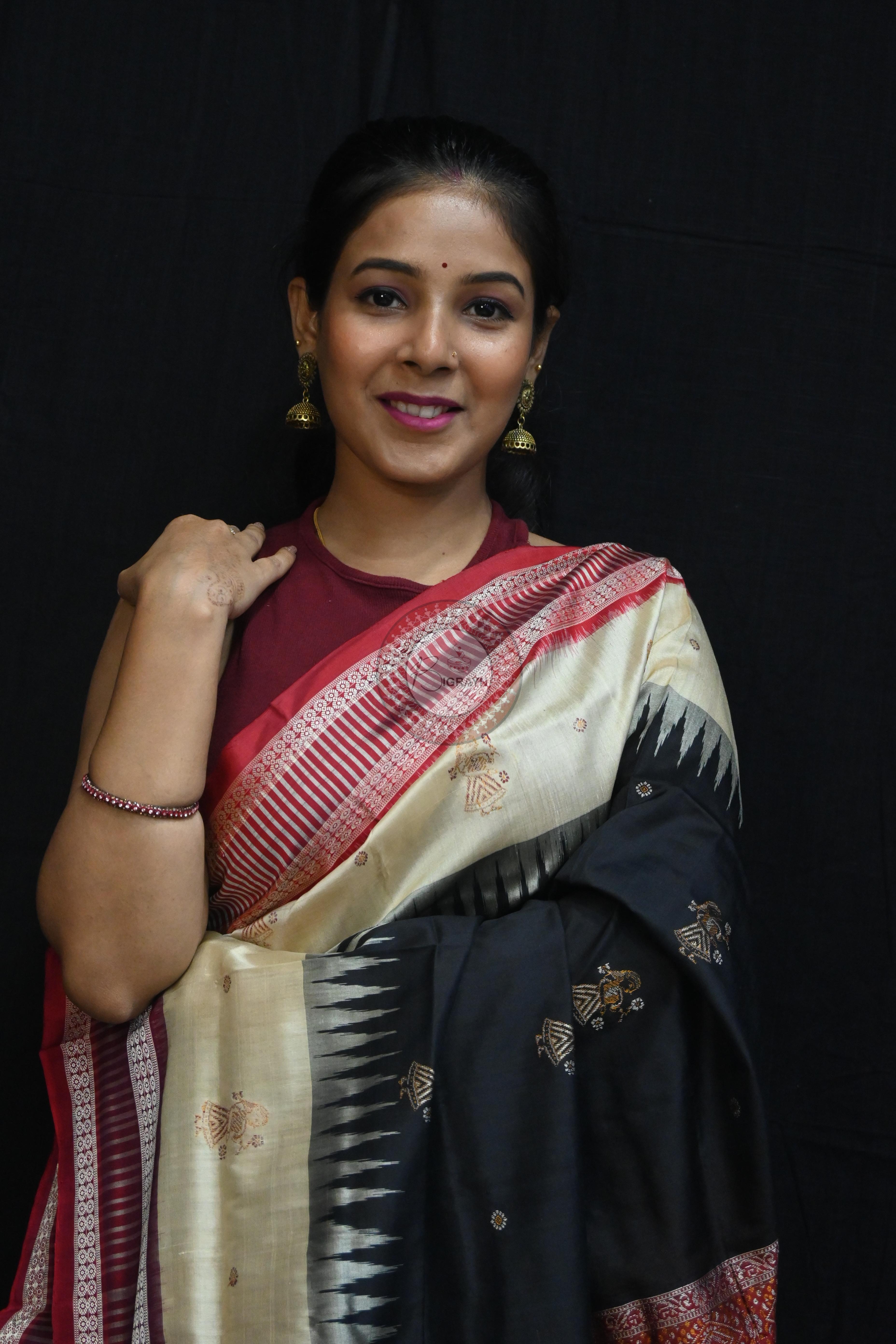 Black Cream Doll Kathifera Bomkai Silk Saree