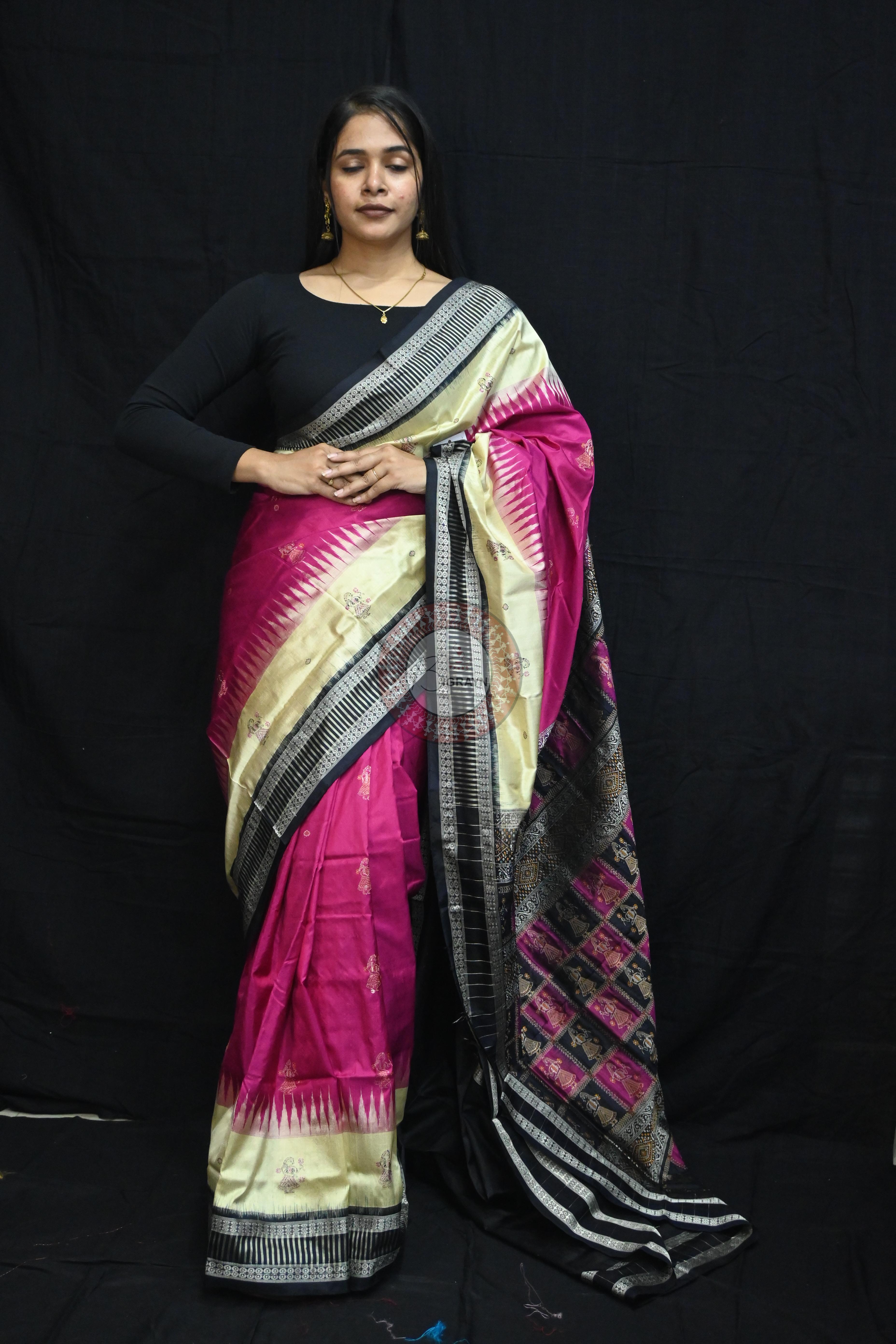 Magenta Cream Doll Kathifera Bomkai Silk Saree