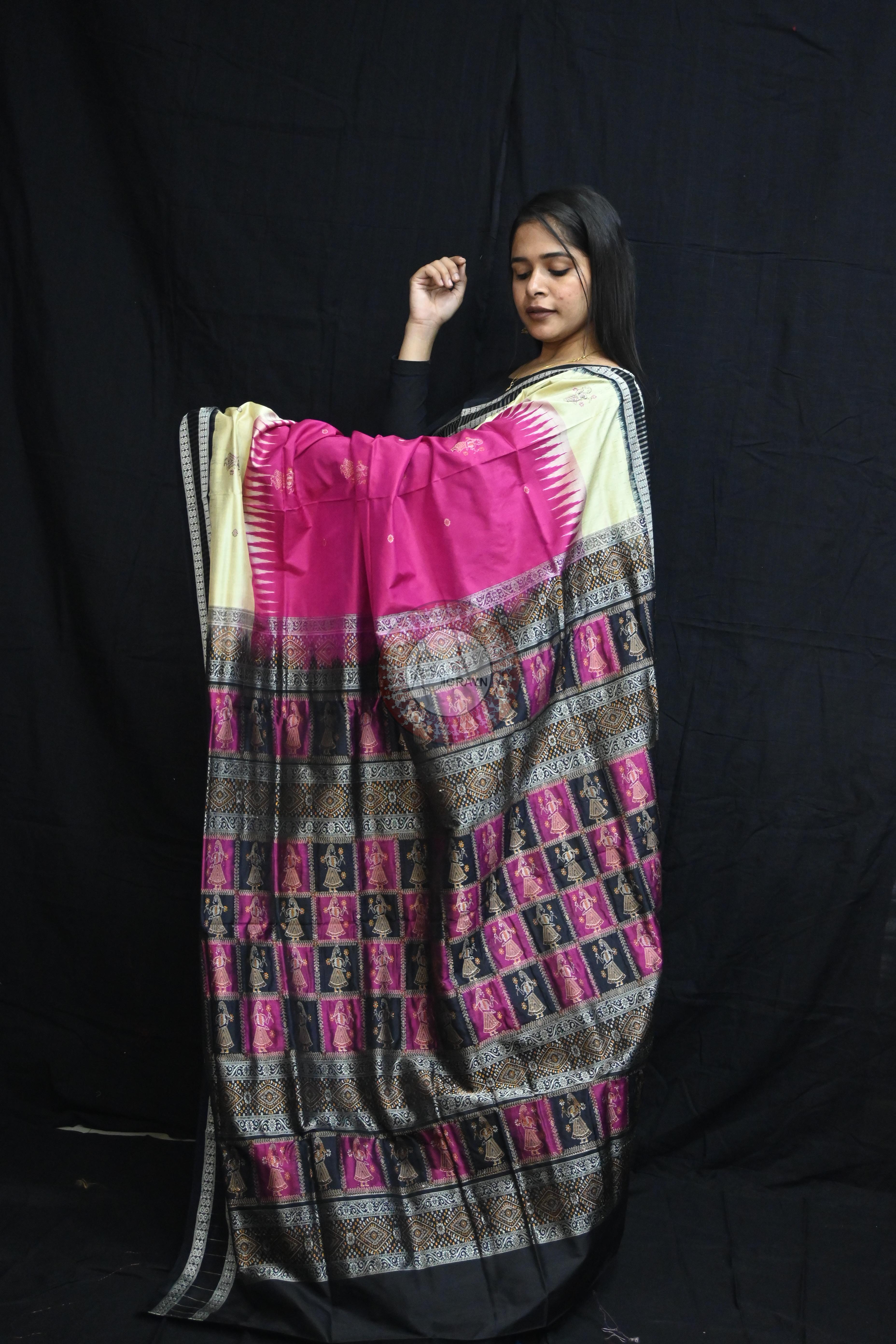 Magenta Cream Doll Kathifera Bomkai Silk Saree