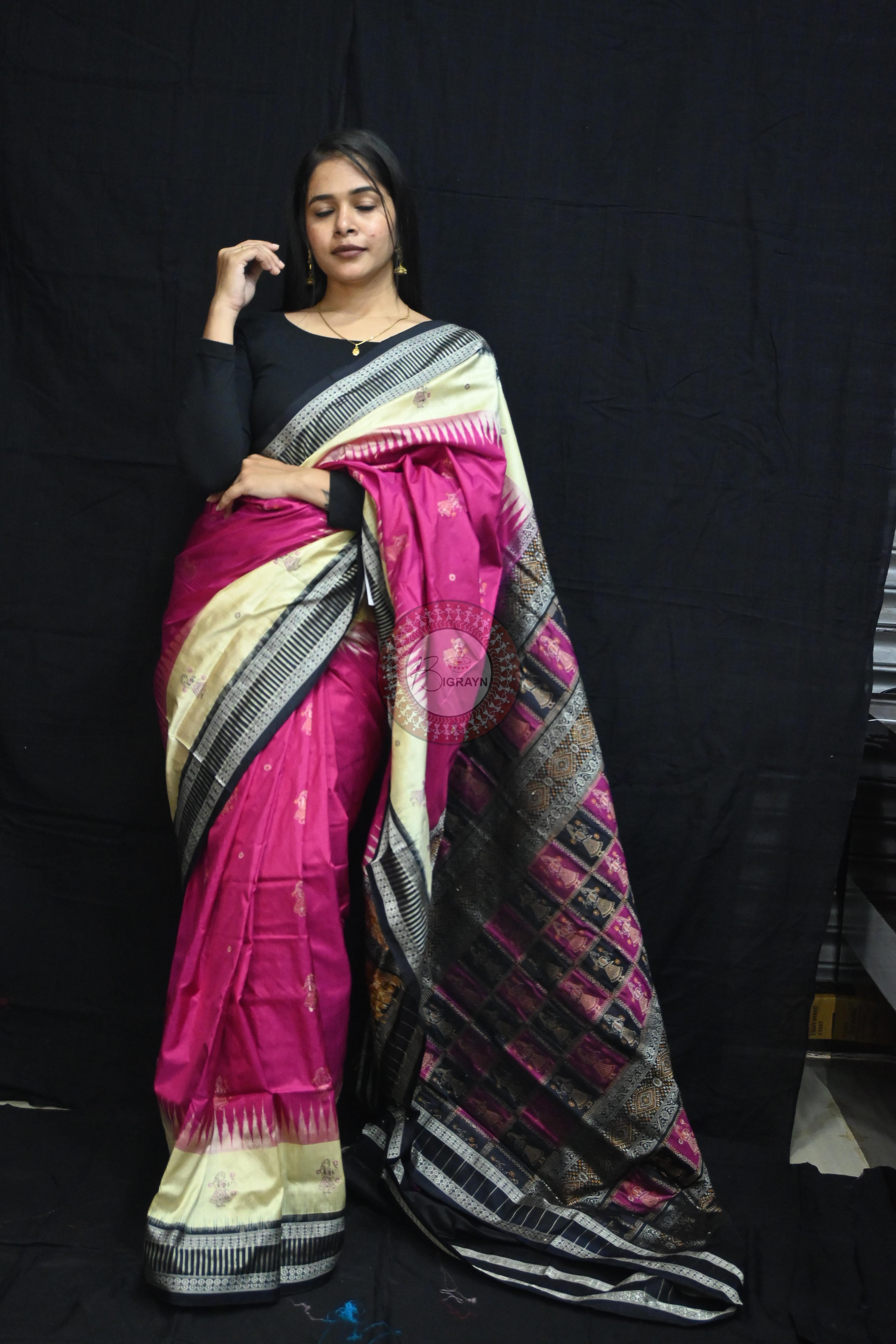 Magenta Cream Doll Kathifera Bomkai Silk Saree