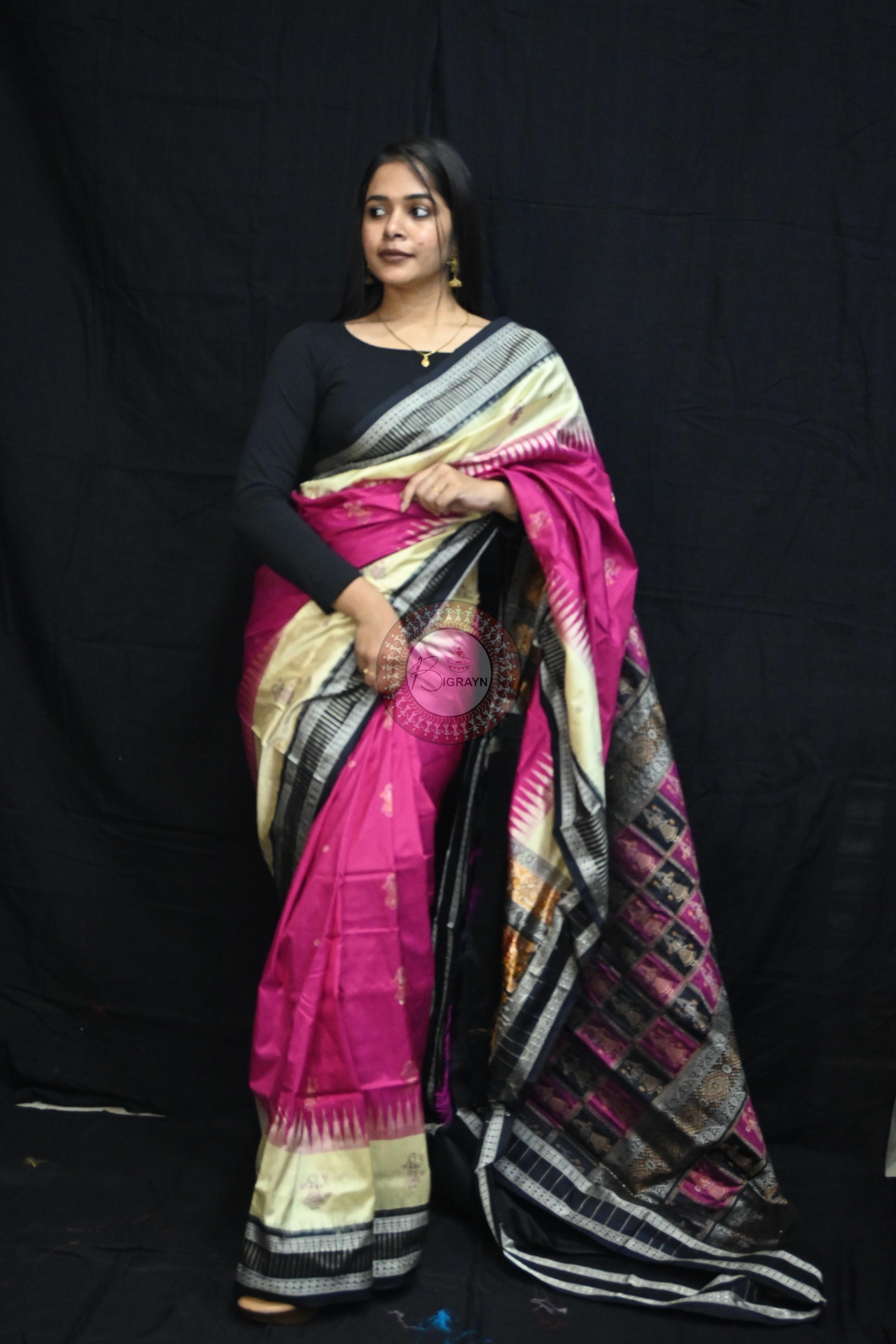 Magenta Cream Doll Kathifera Bomkai Silk Saree