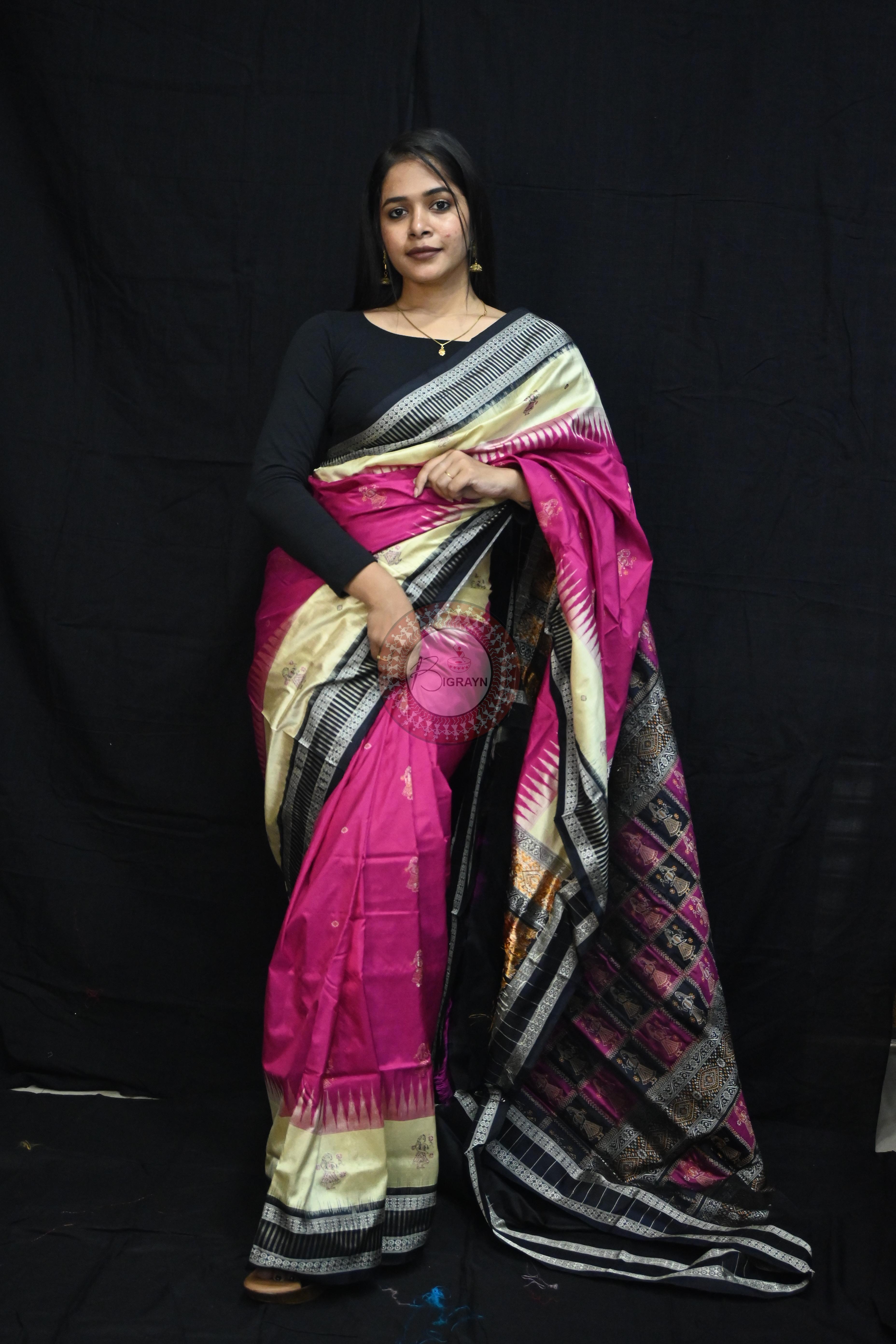 Magenta Cream Doll Kathifera Bomkai Silk Saree