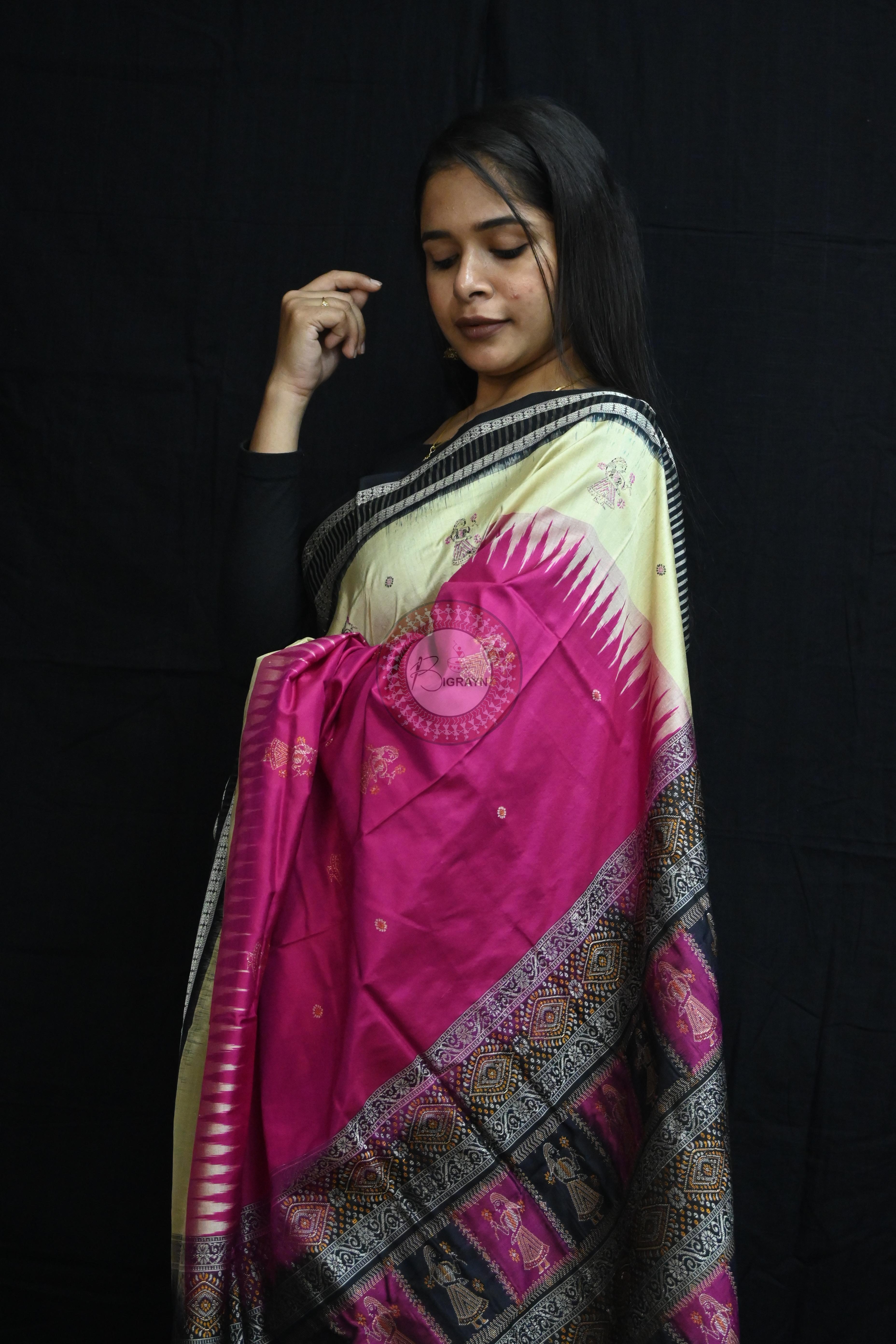 Magenta Cream Doll Kathifera Bomkai Silk Saree