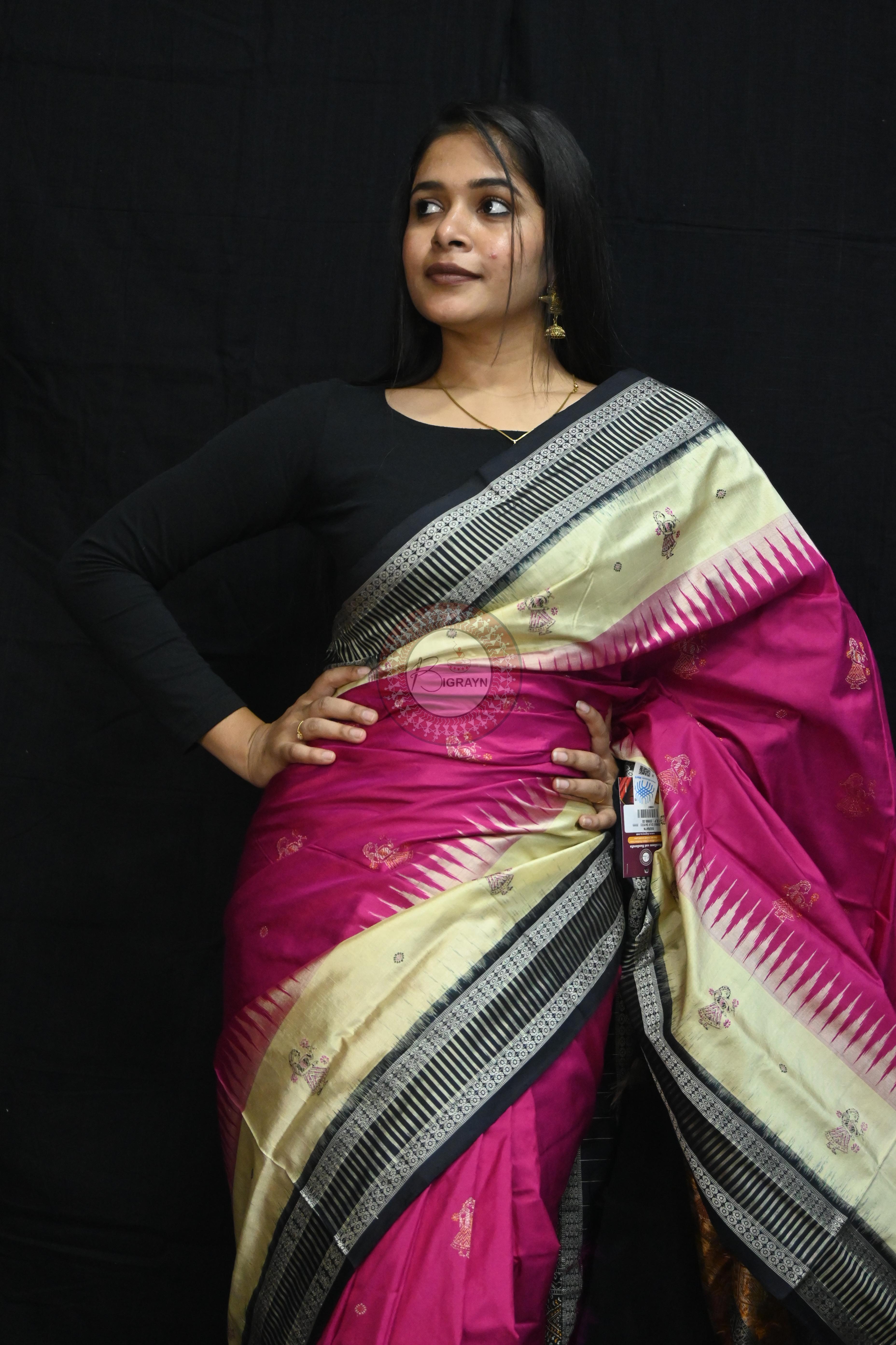 Magenta Cream Doll Kathifera Bomkai Silk Saree