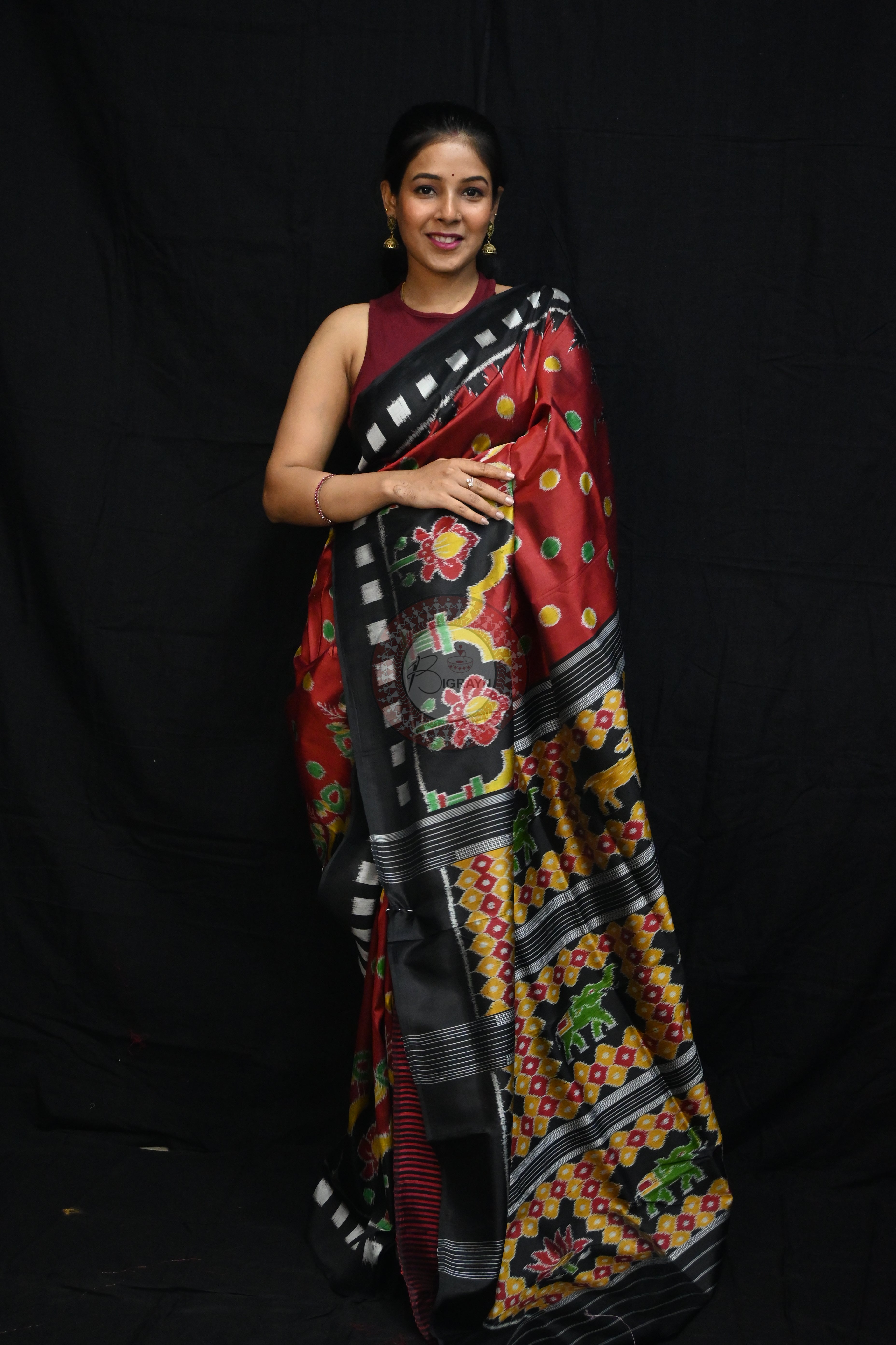 Maroon Polka Dots Flowers Mulberry Silk Saree