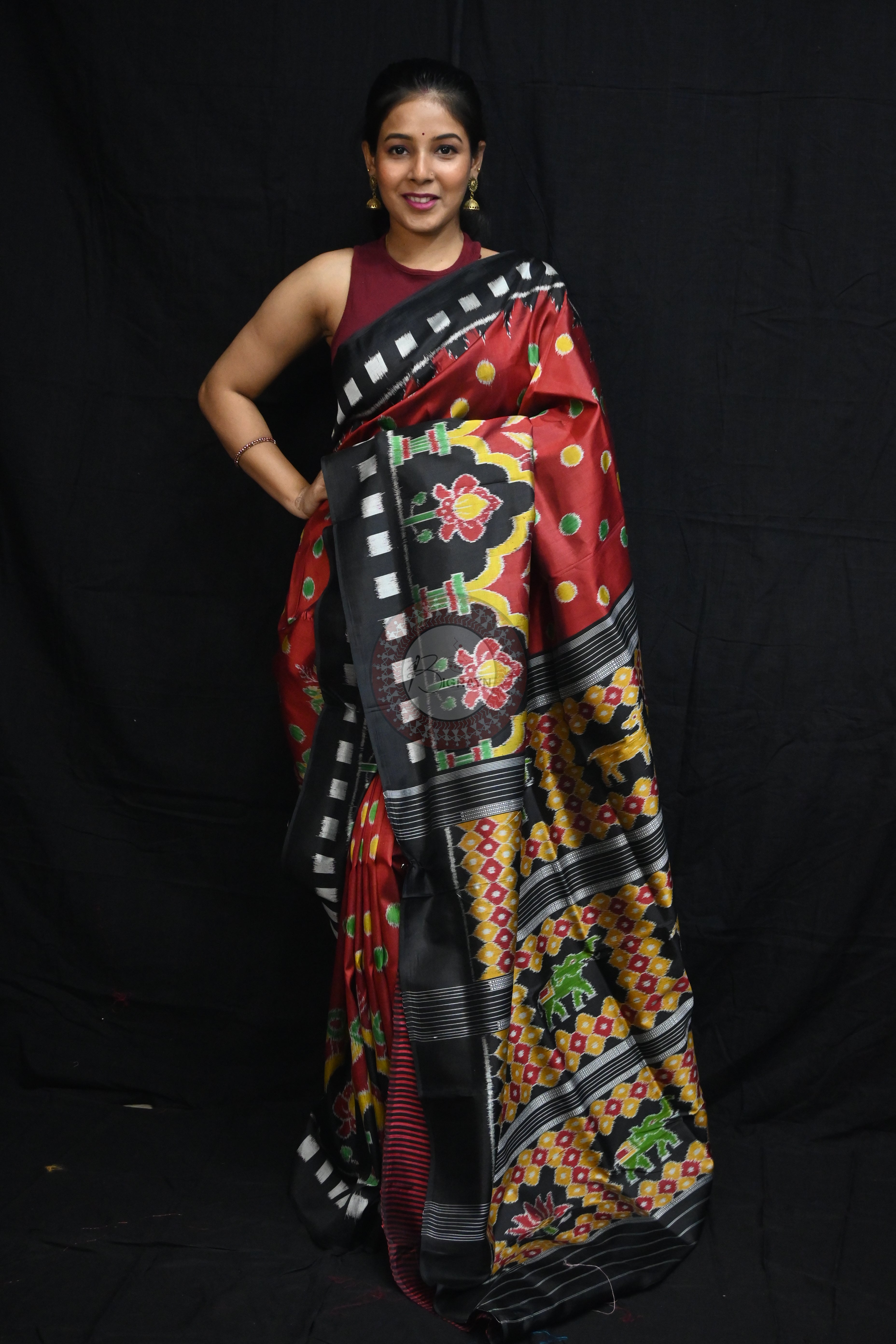 Maroon Polka Dots Flowers Mulberry Silk Saree