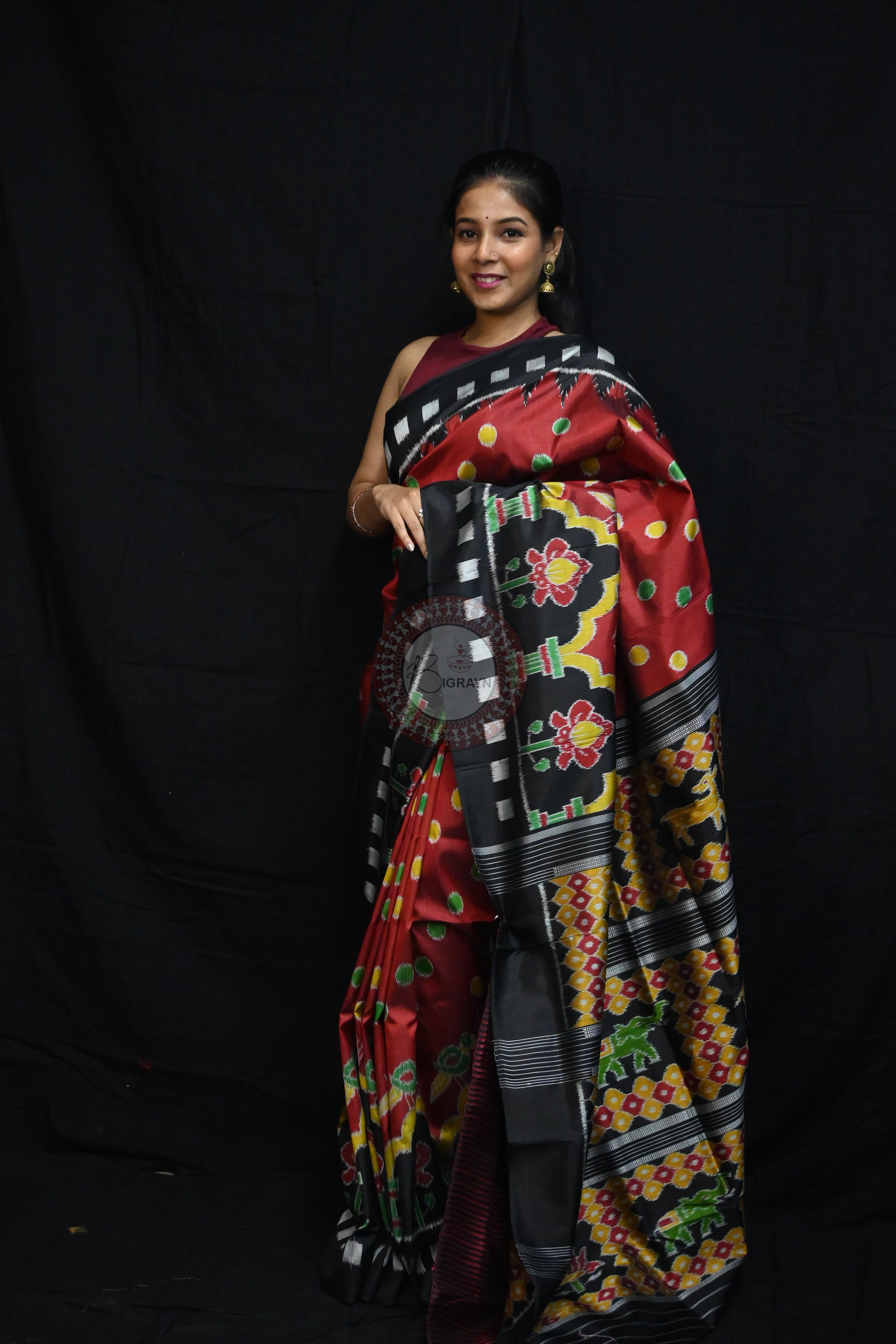 Maroon Polka Dots Flowers Mulberry Silk Saree