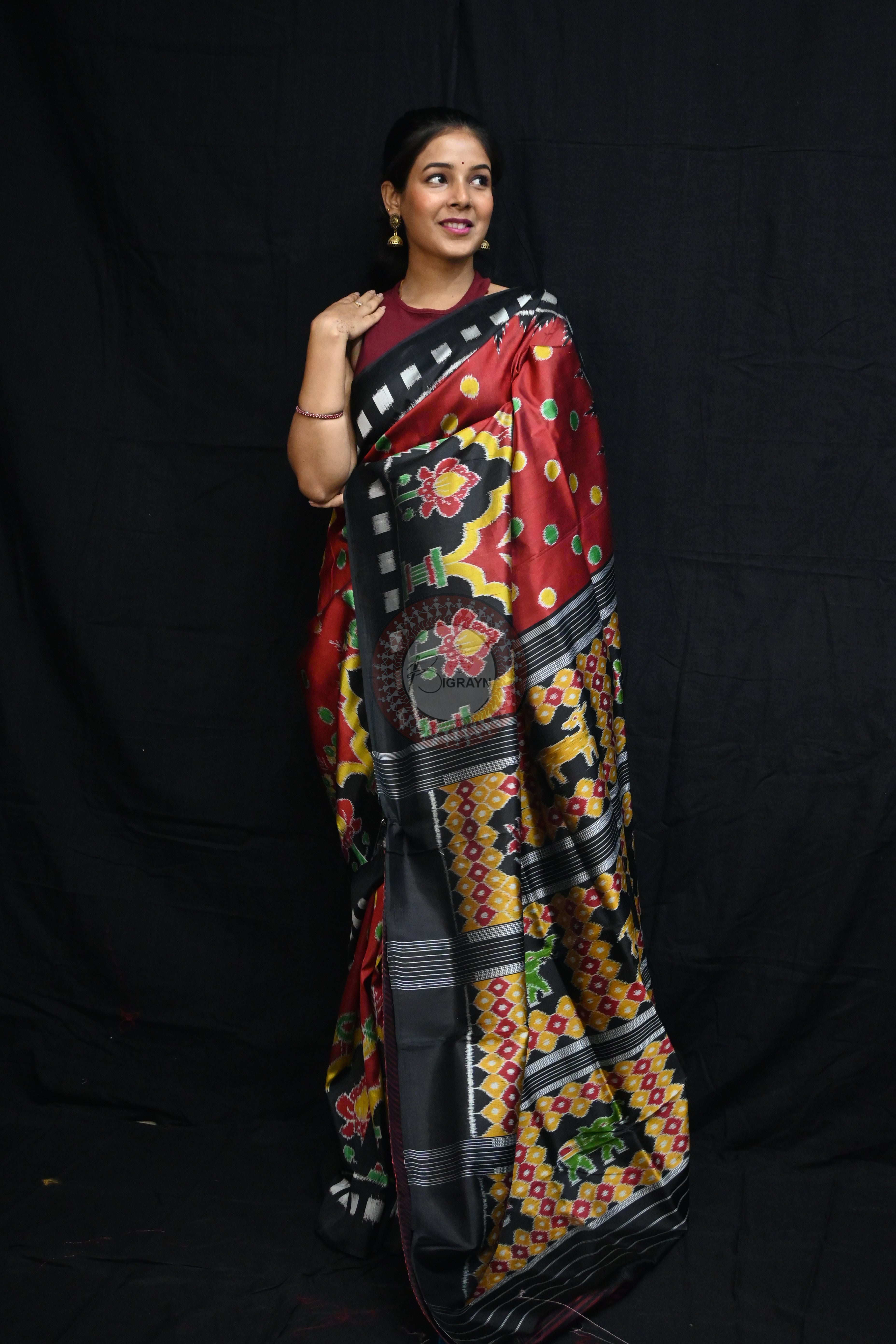 Maroon Polka Dots Flowers Mulberry Silk Saree