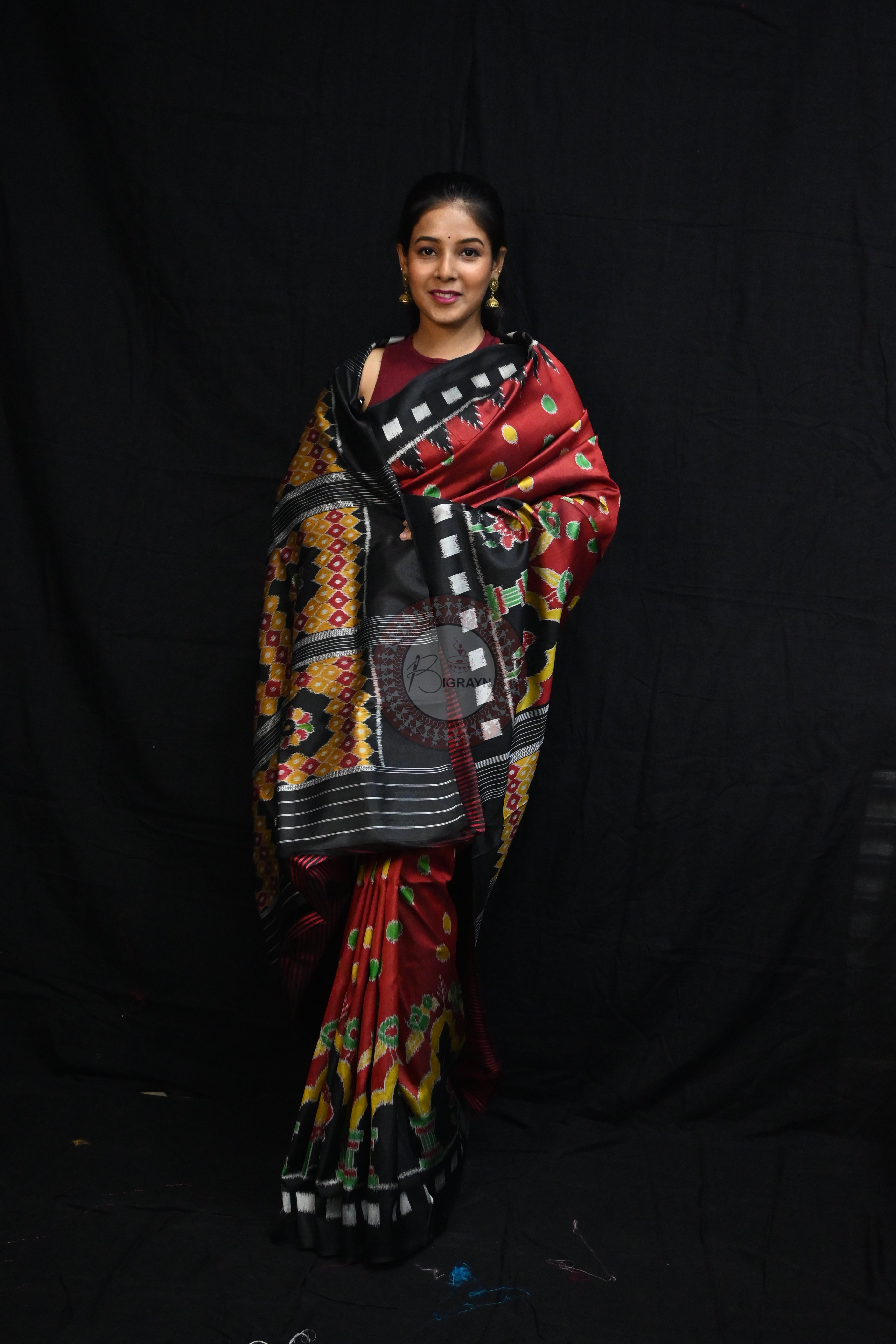 Maroon Polka Dots Flowers Mulberry Silk Saree