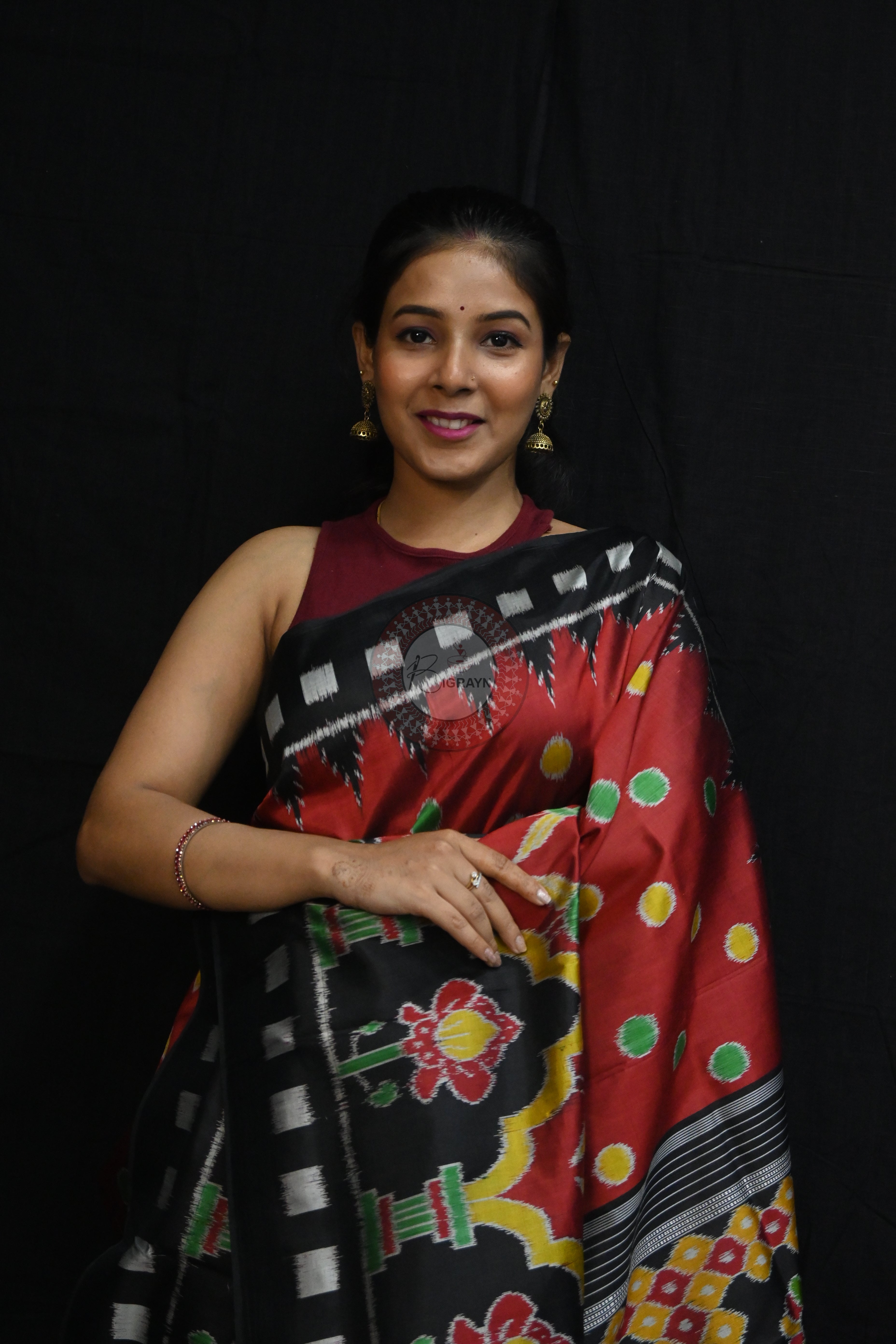 Maroon Polka Dots Flowers Mulberry Silk Saree