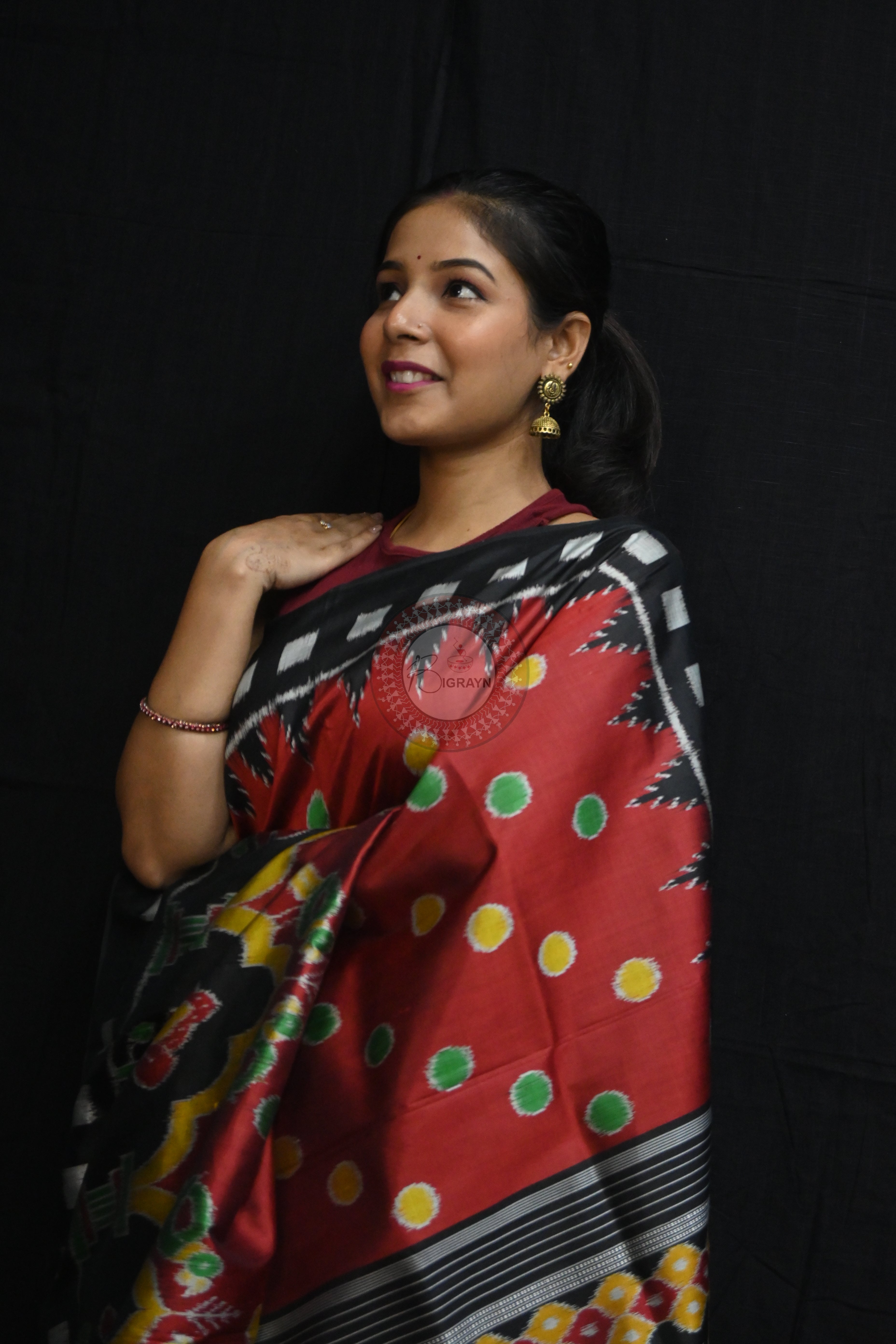 Maroon Polka Dots Flowers Mulberry Silk Saree