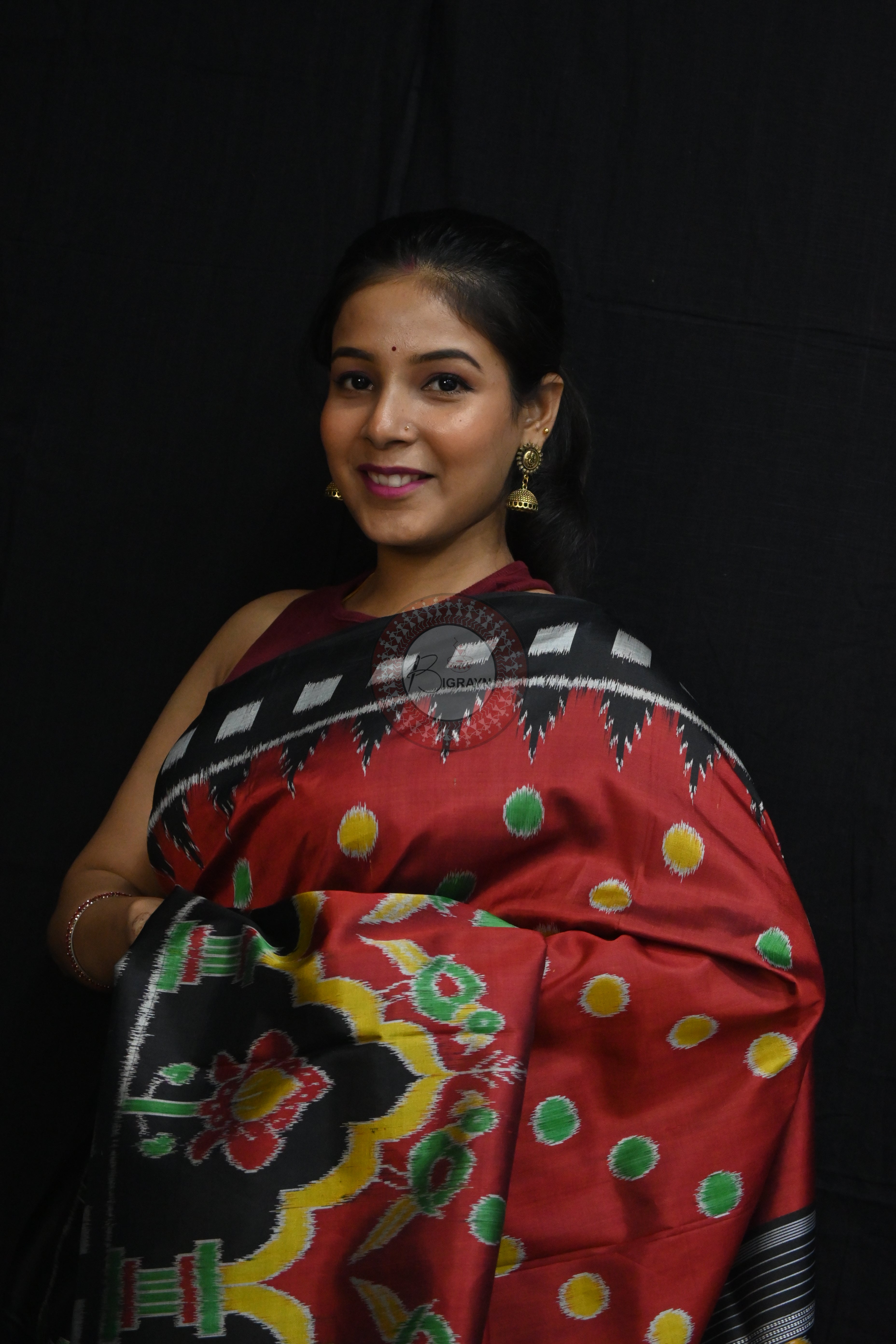 Maroon Polka Dots Flowers Mulberry Silk Saree