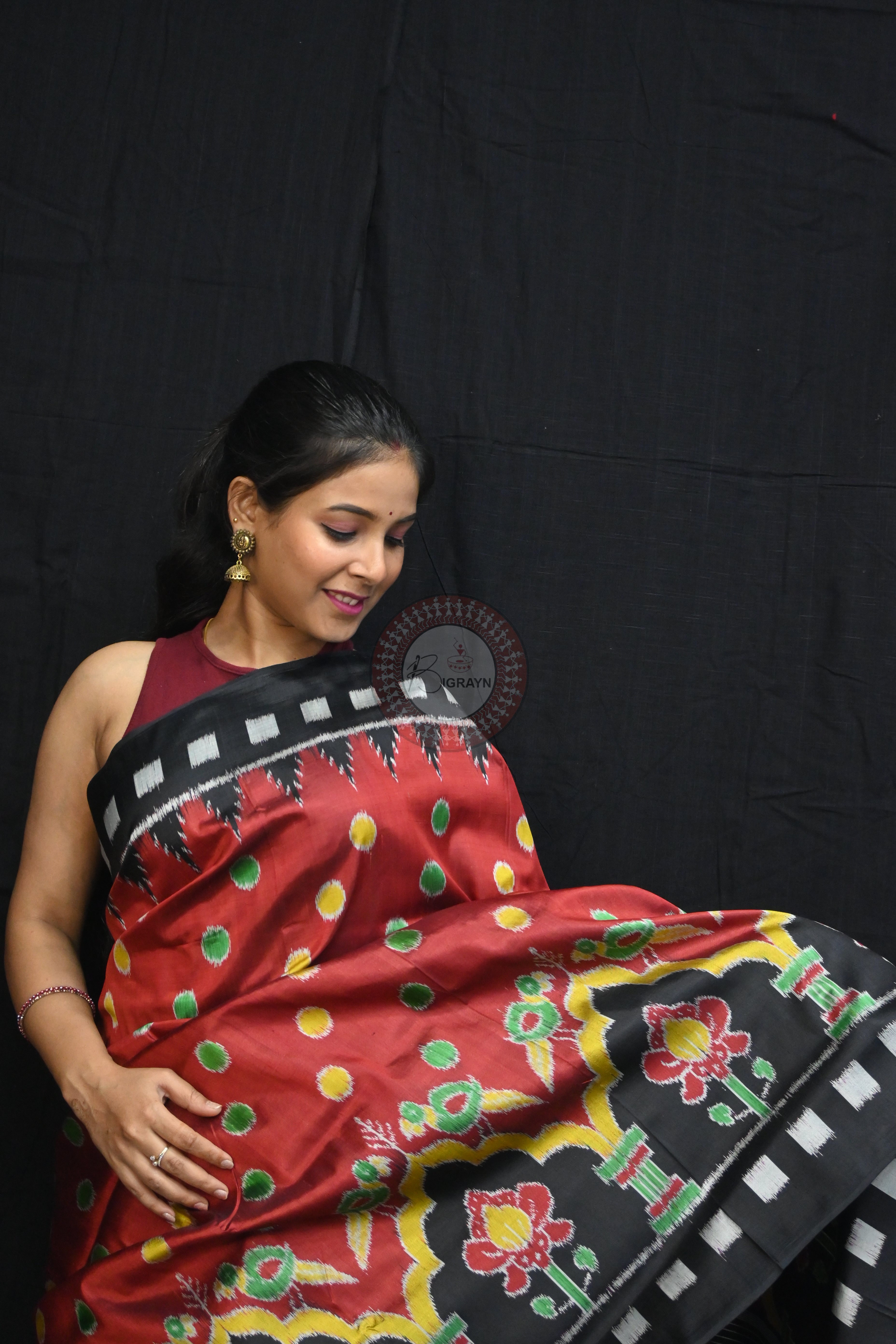 Maroon Polka Dots Flowers Mulberry Silk Saree