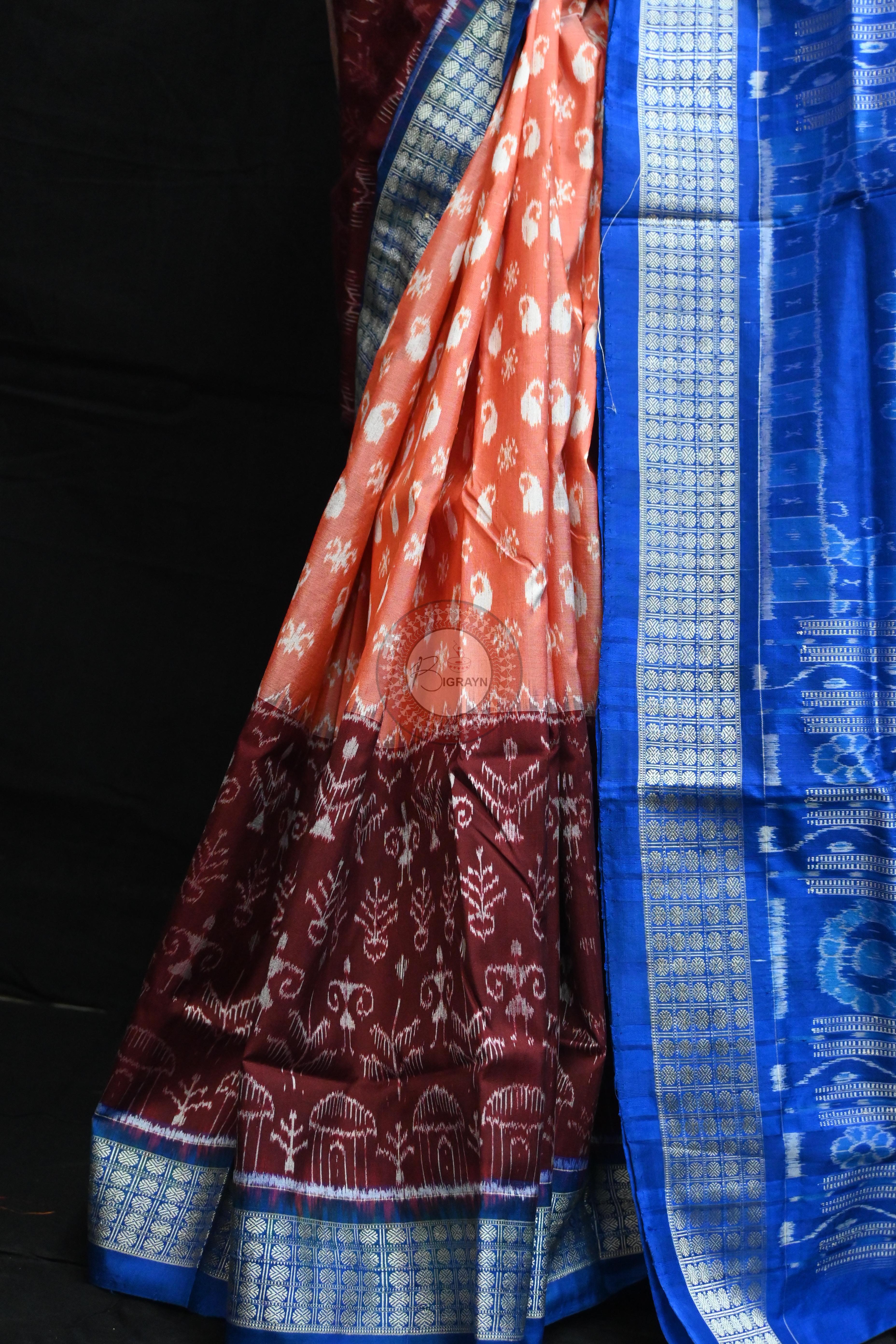 Peach Parsley Maroon Tribal Scot Sambalpuri Silk Saree