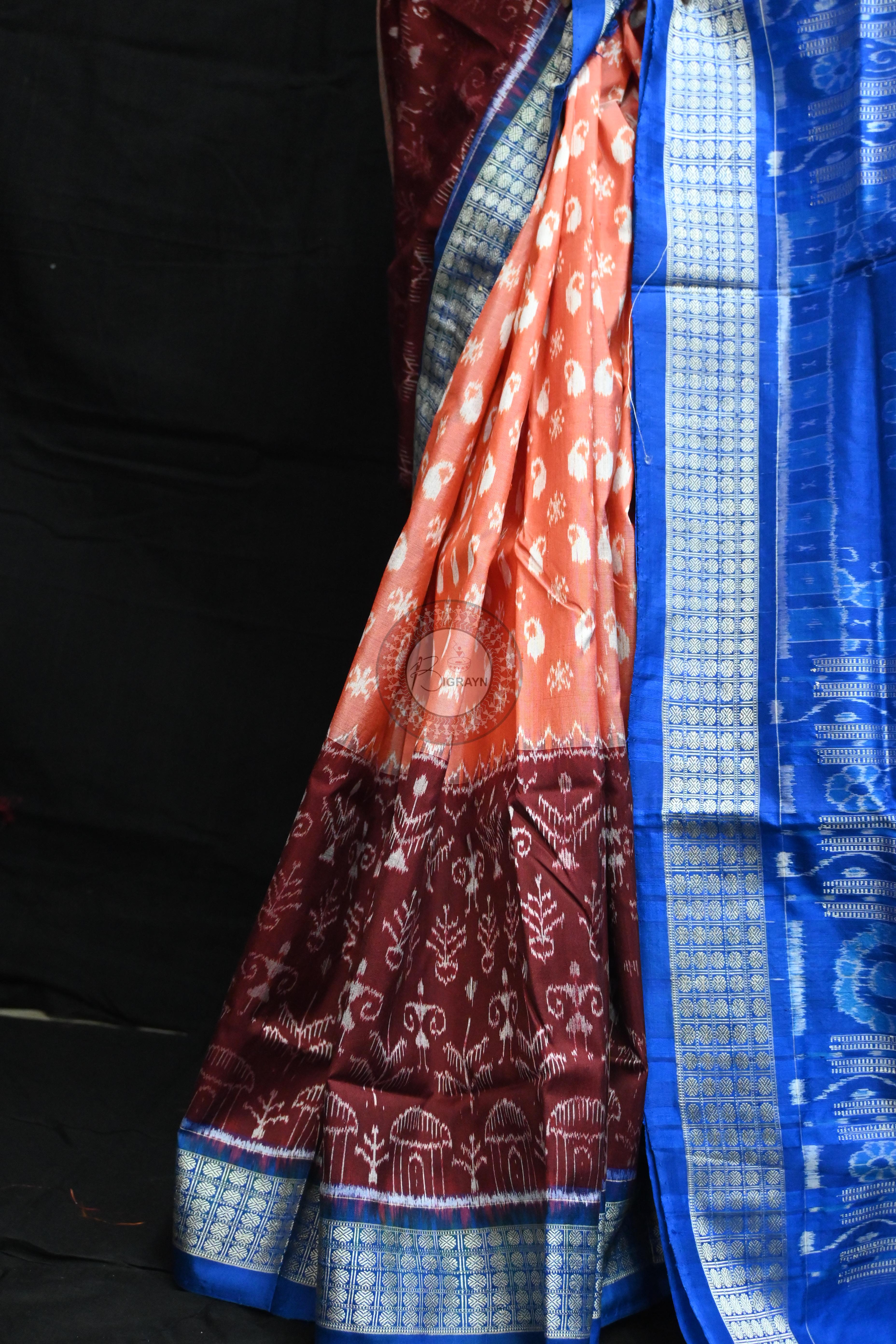 Peach Parsley Maroon Tribal Scot Sambalpuri Silk Saree