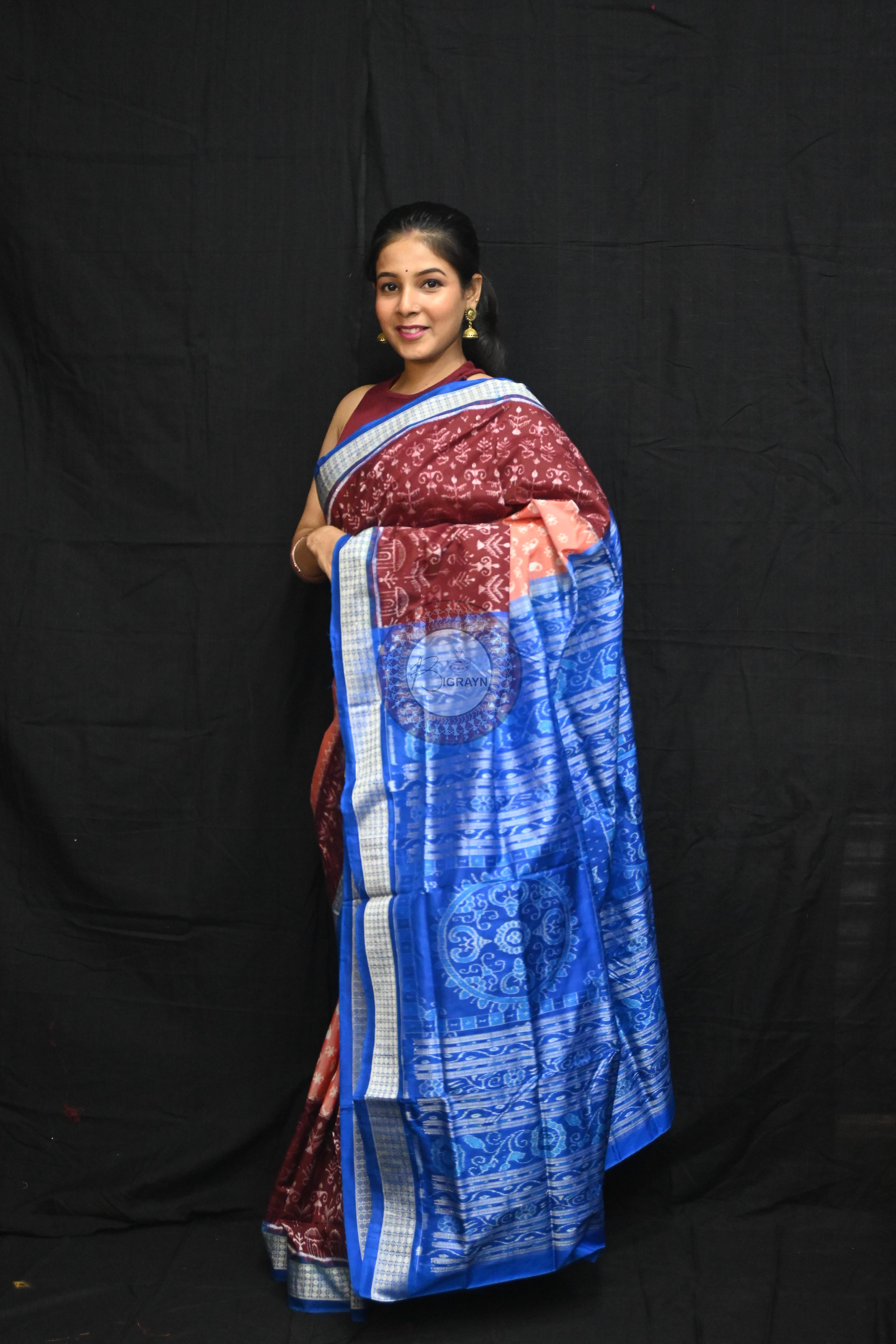 Peach Parsley Maroon Tribal Scot Sambalpuri Silk Saree