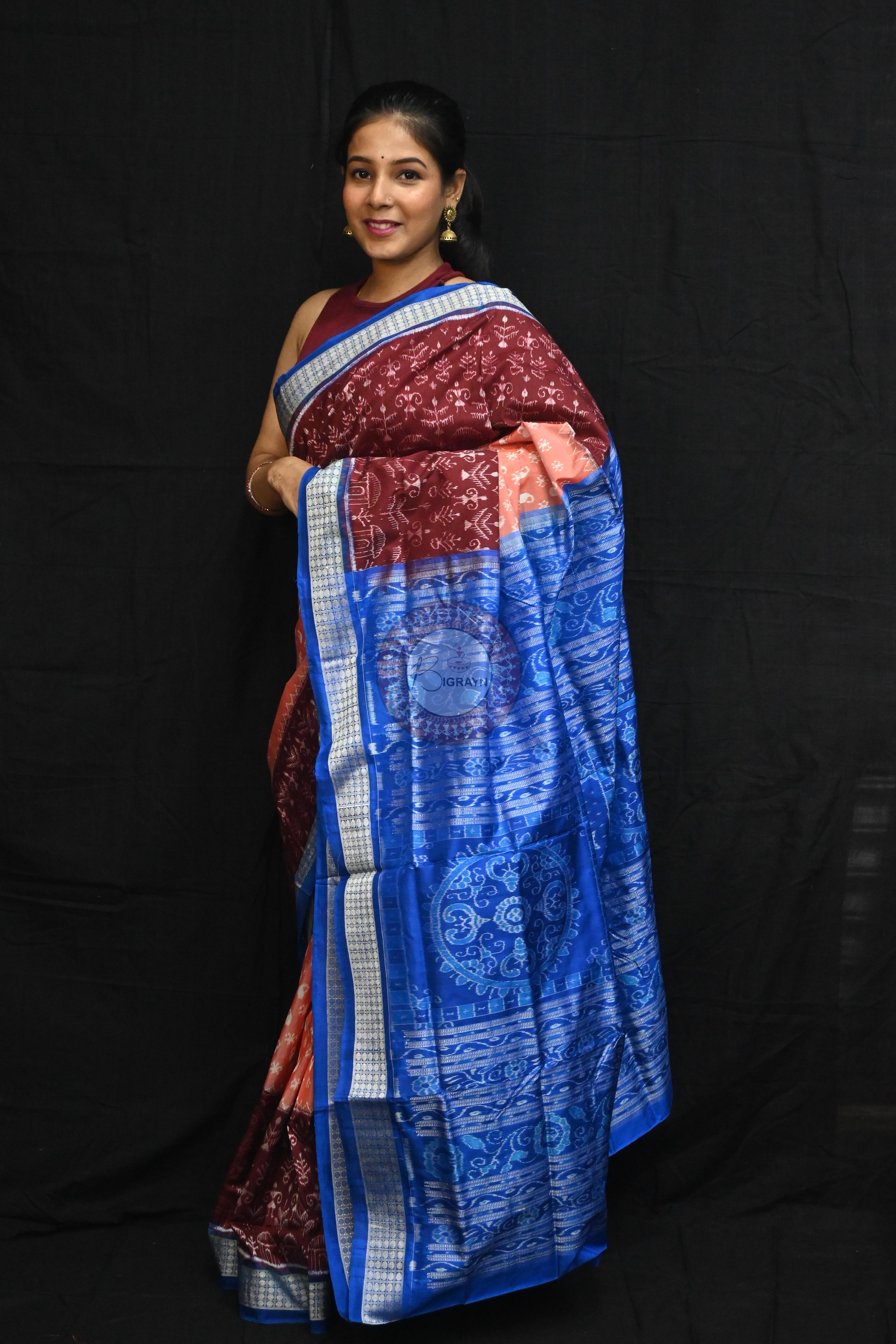 Peach Parsley Maroon Tribal Scot Sambalpuri Silk Saree