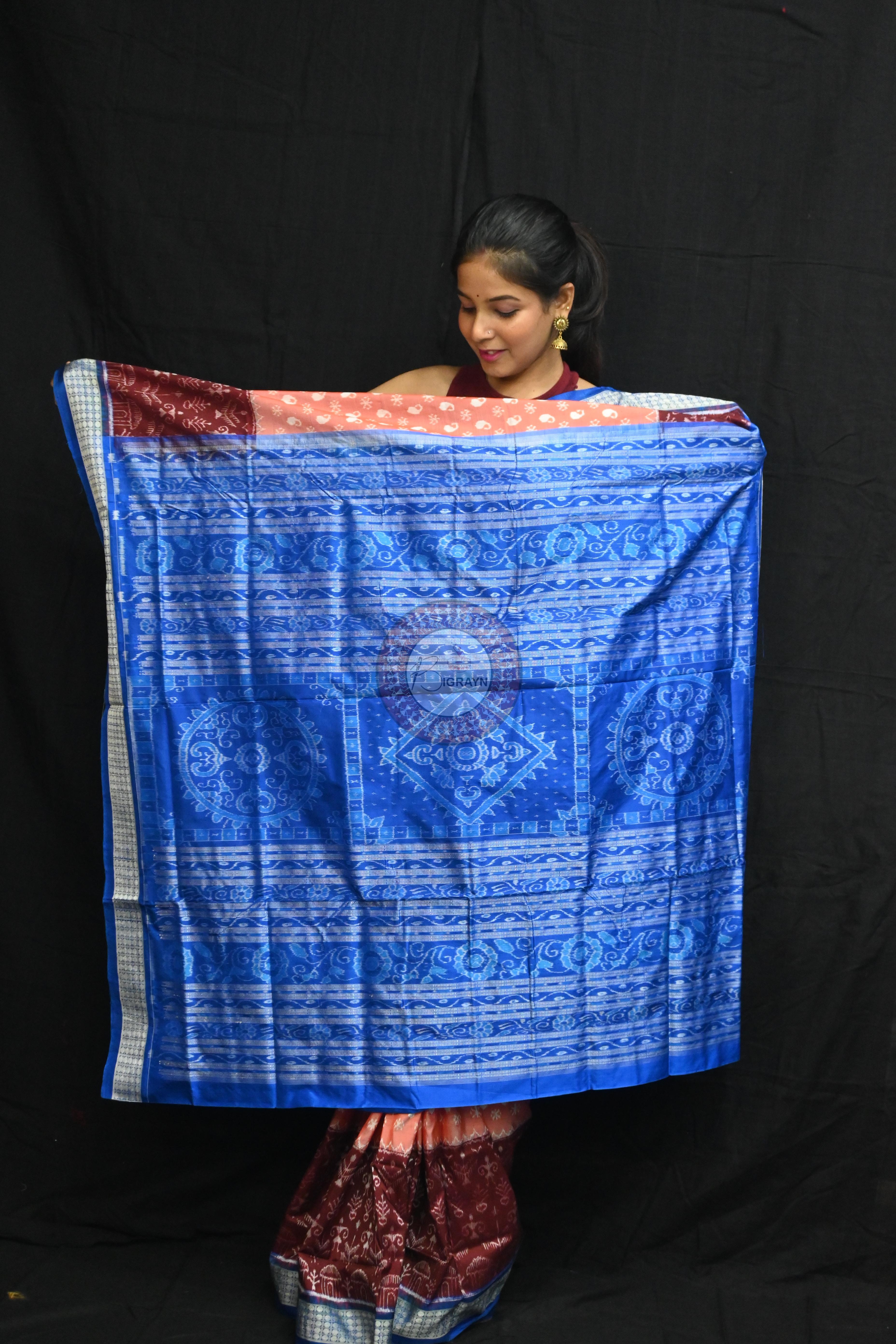 Peach Parsley Maroon Tribal Scot Sambalpuri Silk Saree