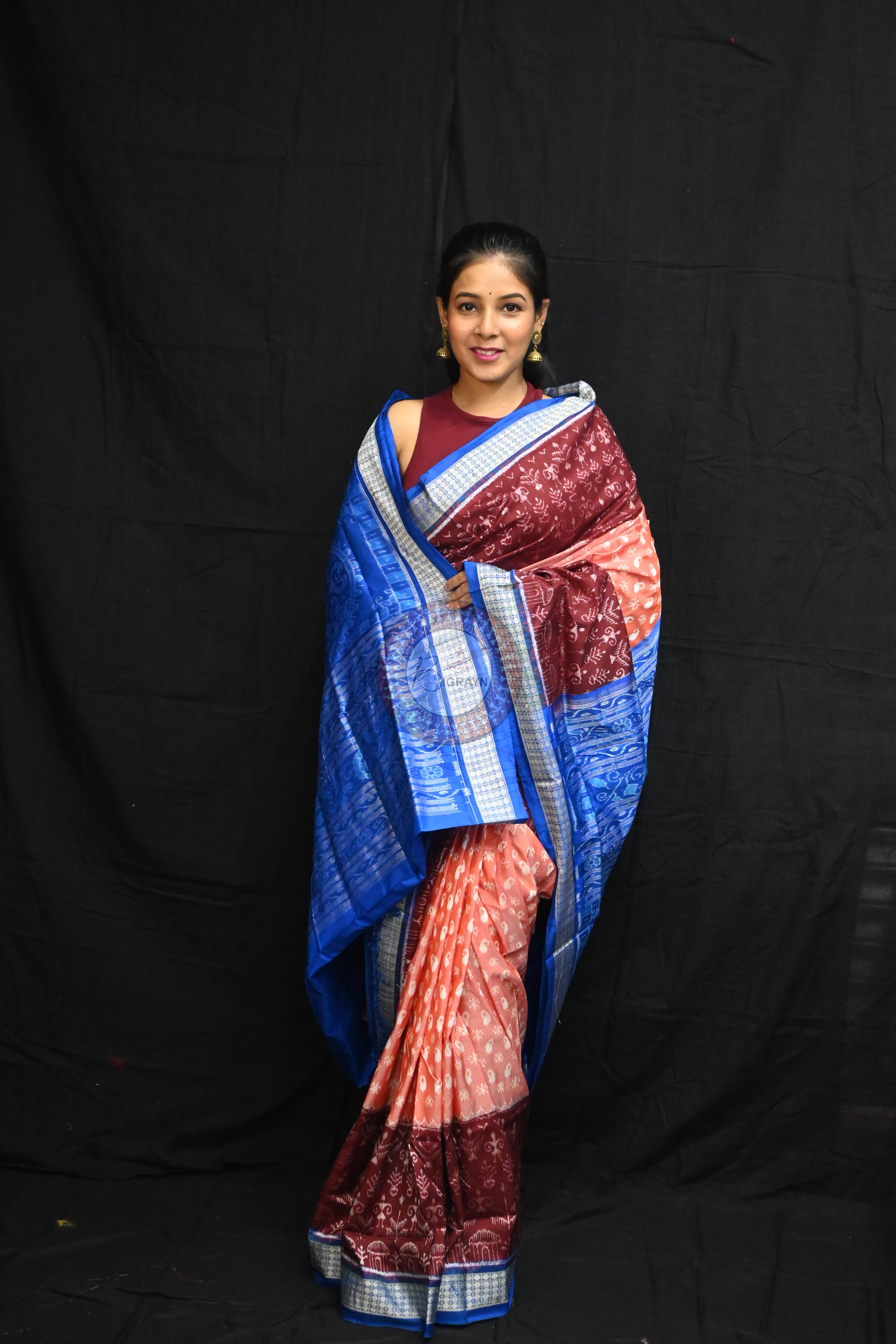 Peach Parsley Maroon Tribal Scot Sambalpuri Silk Saree