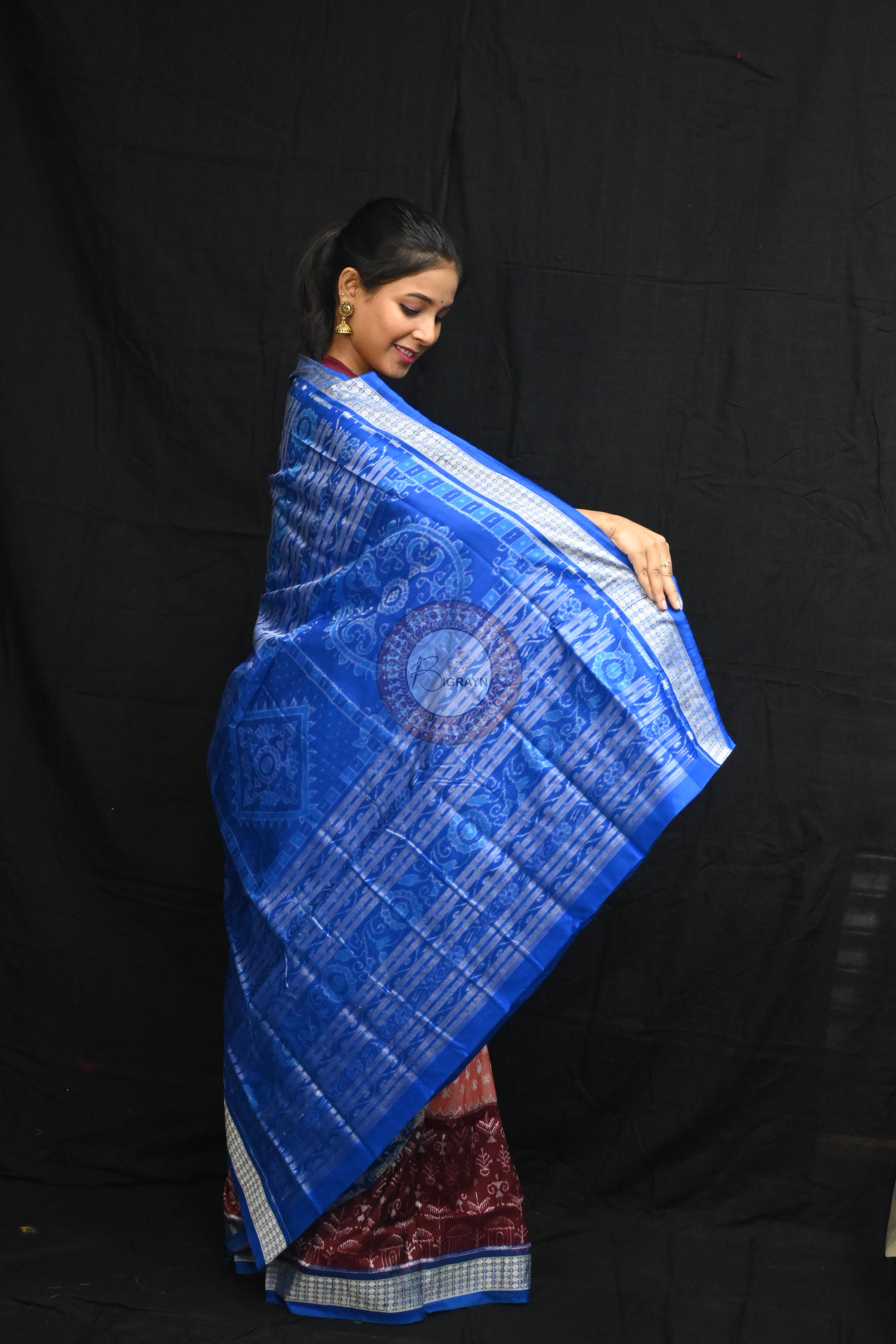 Peach Parsley Maroon Tribal Scot Sambalpuri Silk Saree
