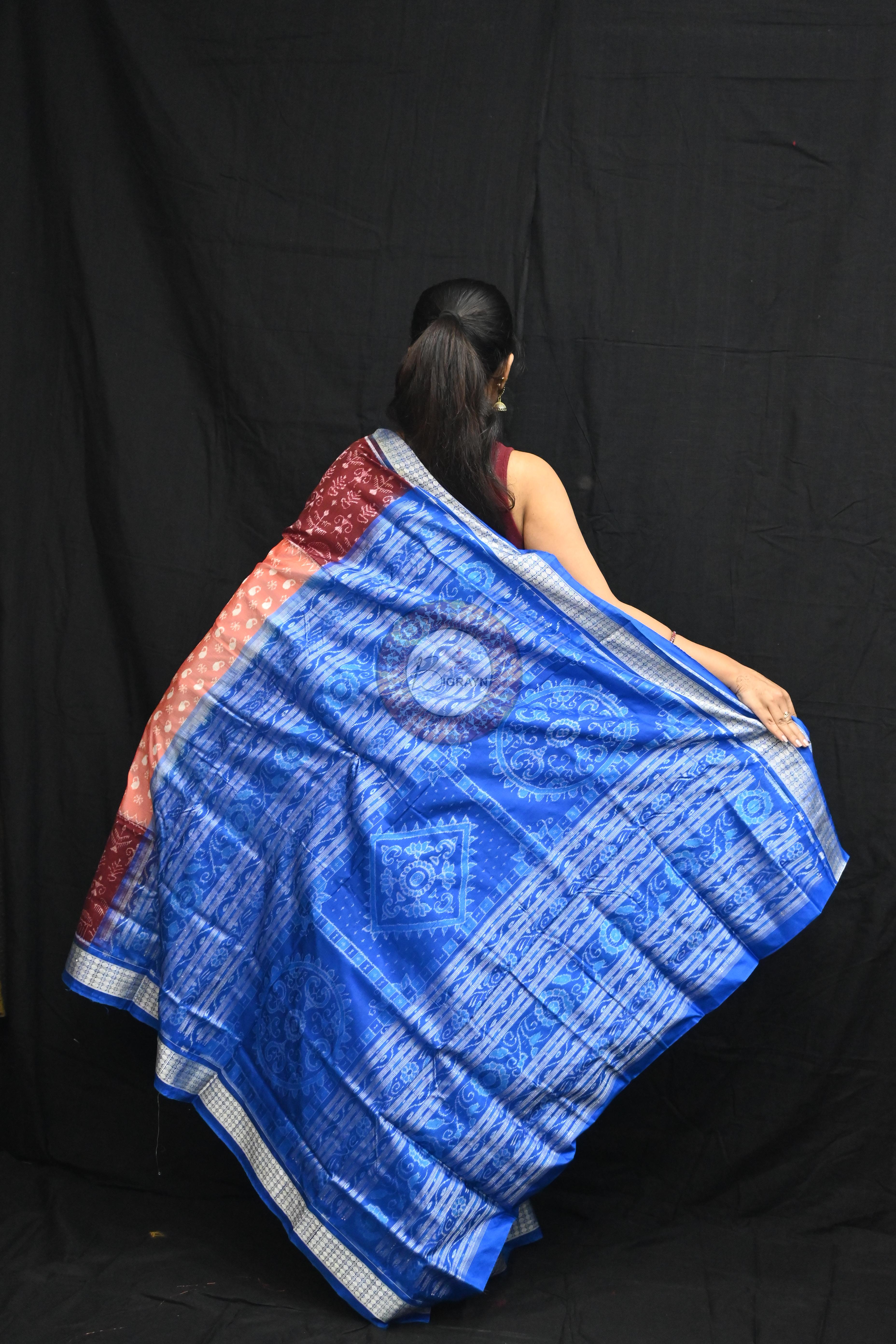 Peach Parsley Maroon Tribal Scot Sambalpuri Silk Saree
