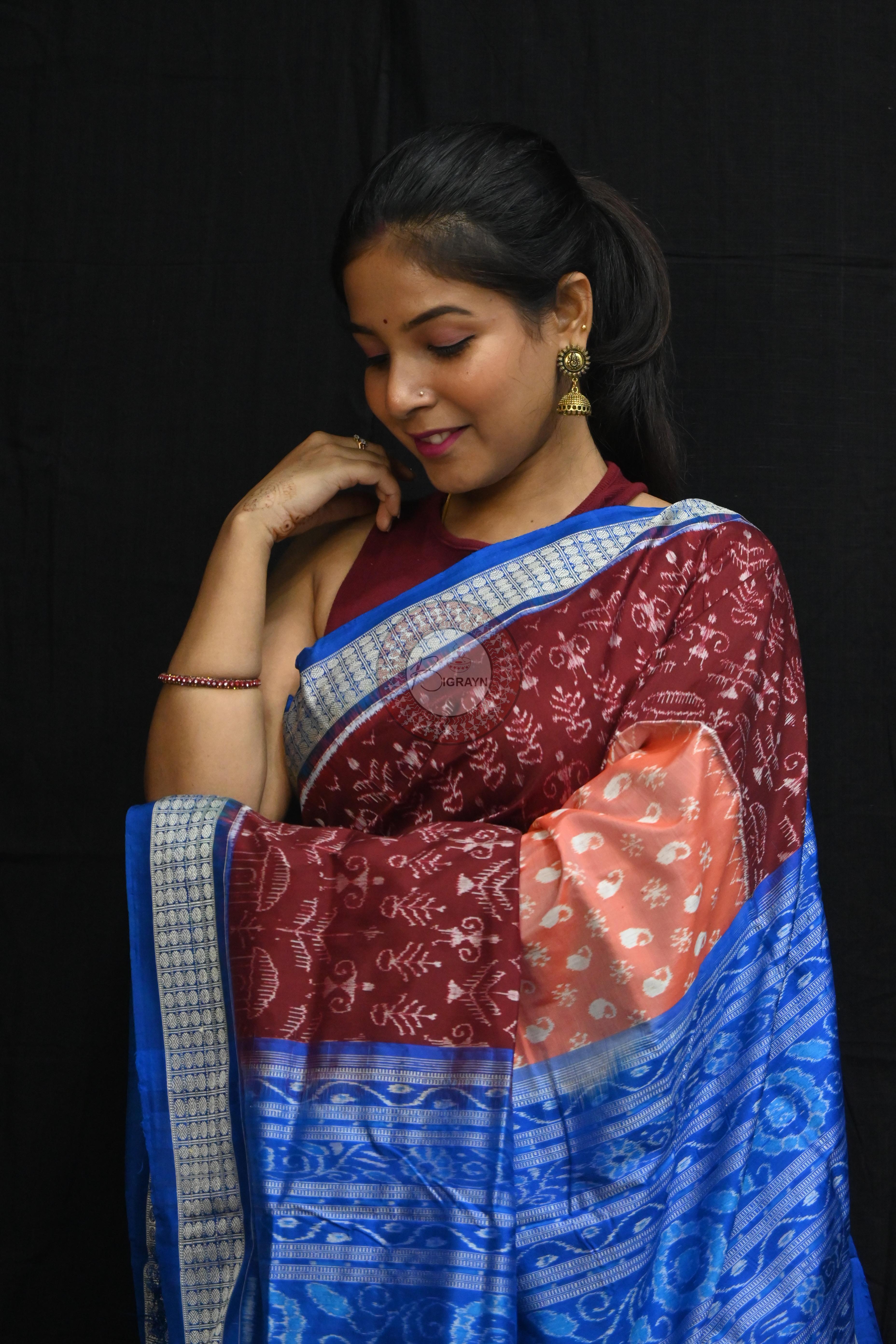 Peach Parsley Maroon Tribal Scot Sambalpuri Silk Saree