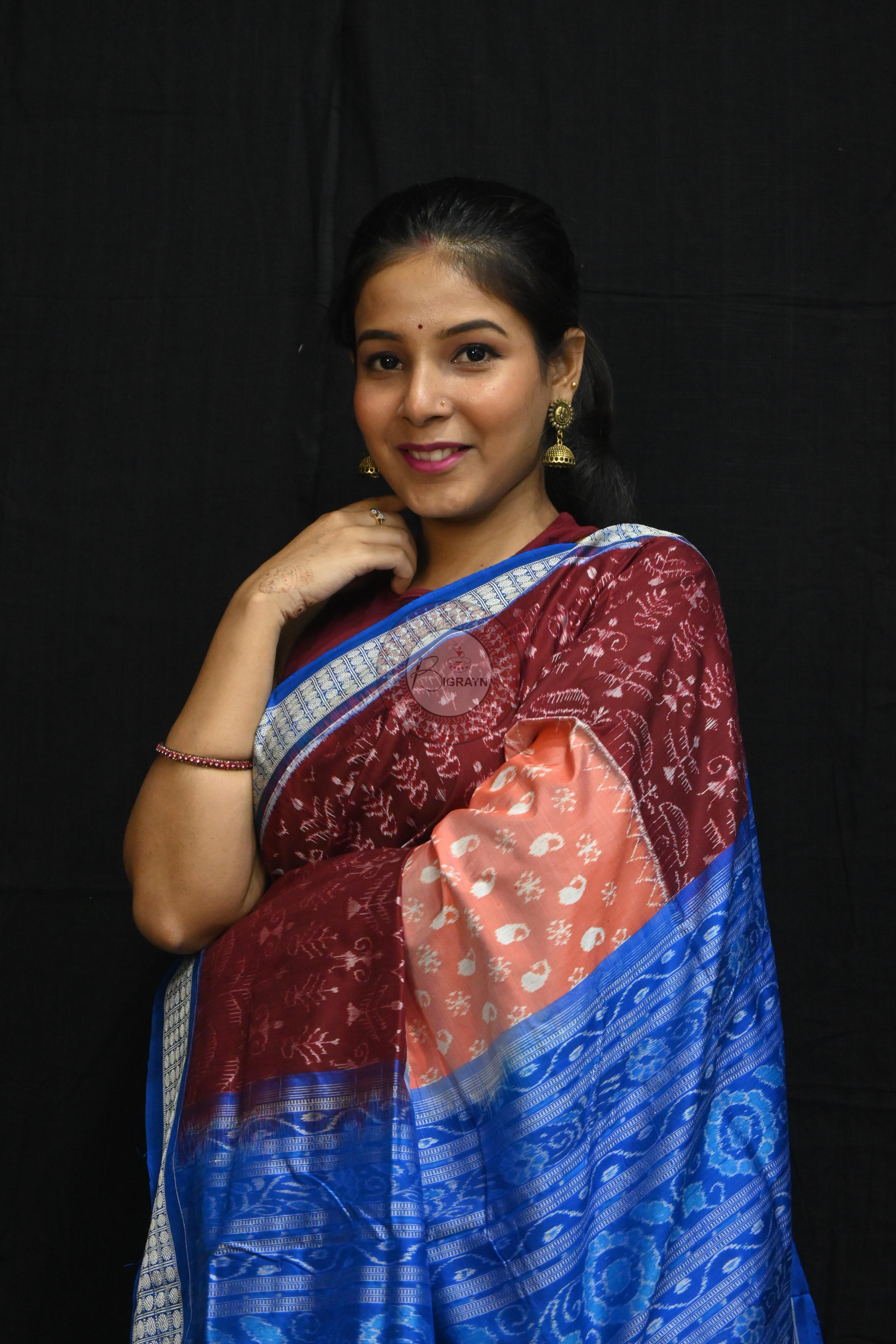 Peach Parsley Maroon Tribal Scot Sambalpuri Silk Saree