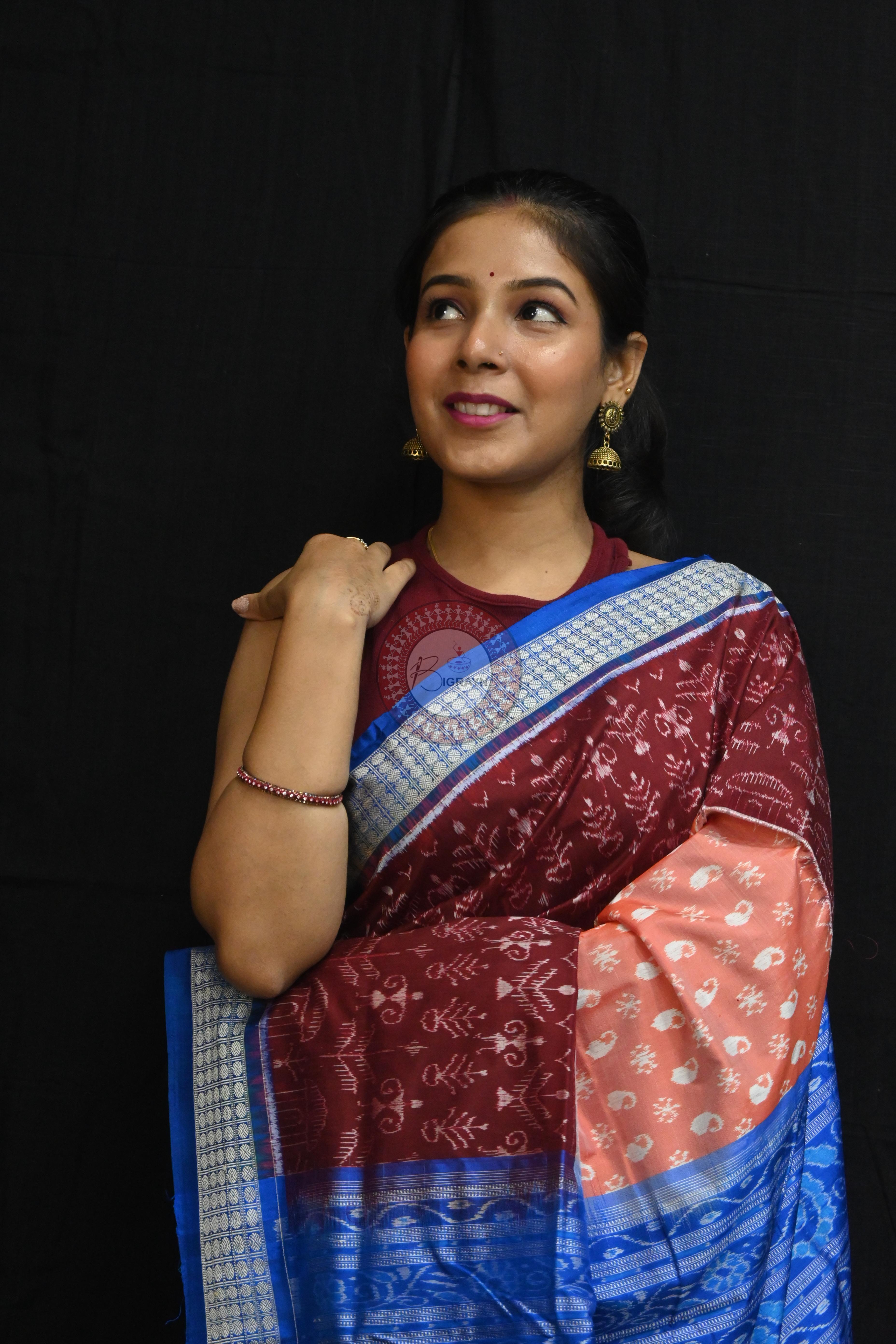 Peach Parsley Maroon Tribal Scot Sambalpuri Silk Saree