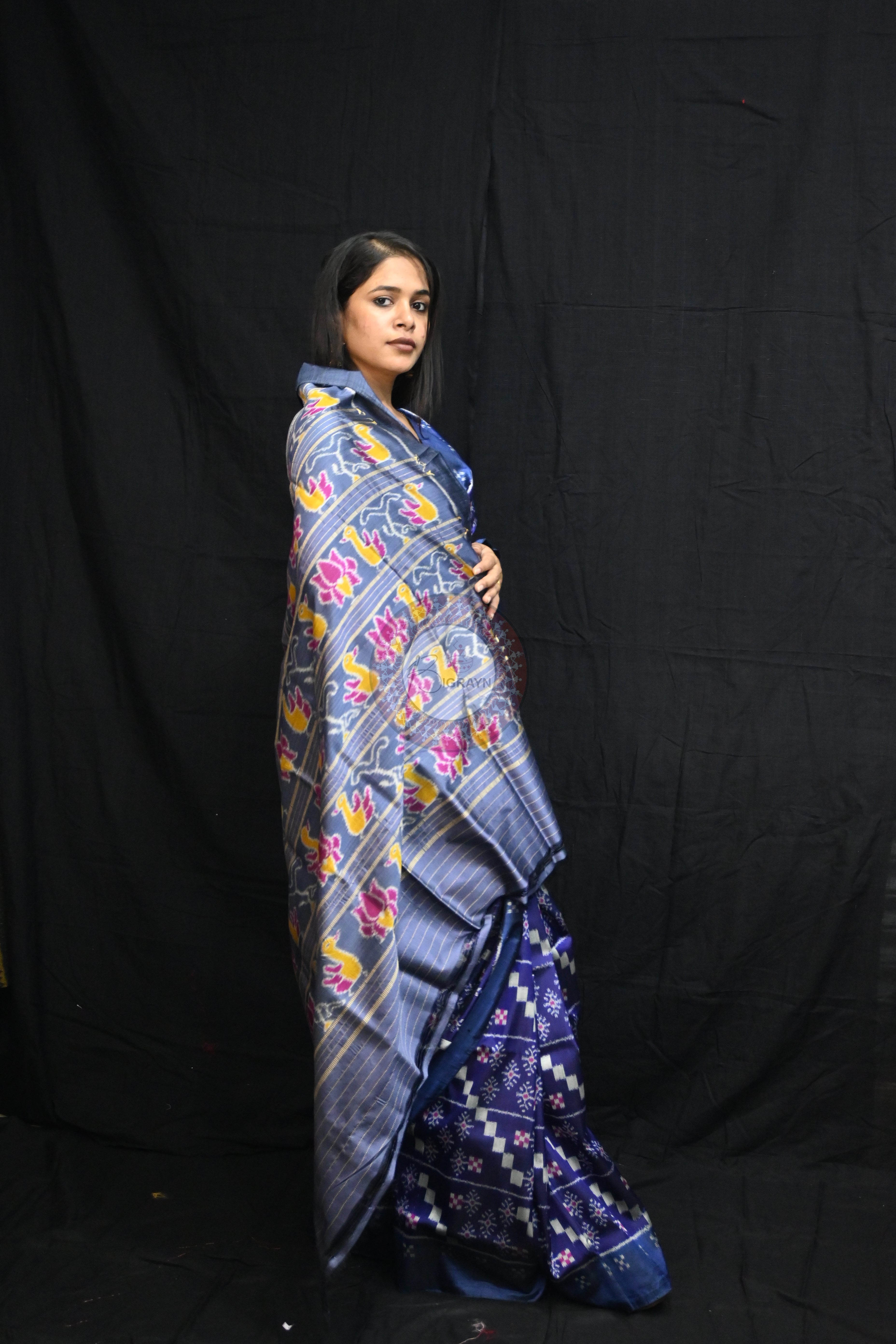 Blue 10D Pasapali Flowers Ducks Lotus Anchal Mulberry Silk Saree