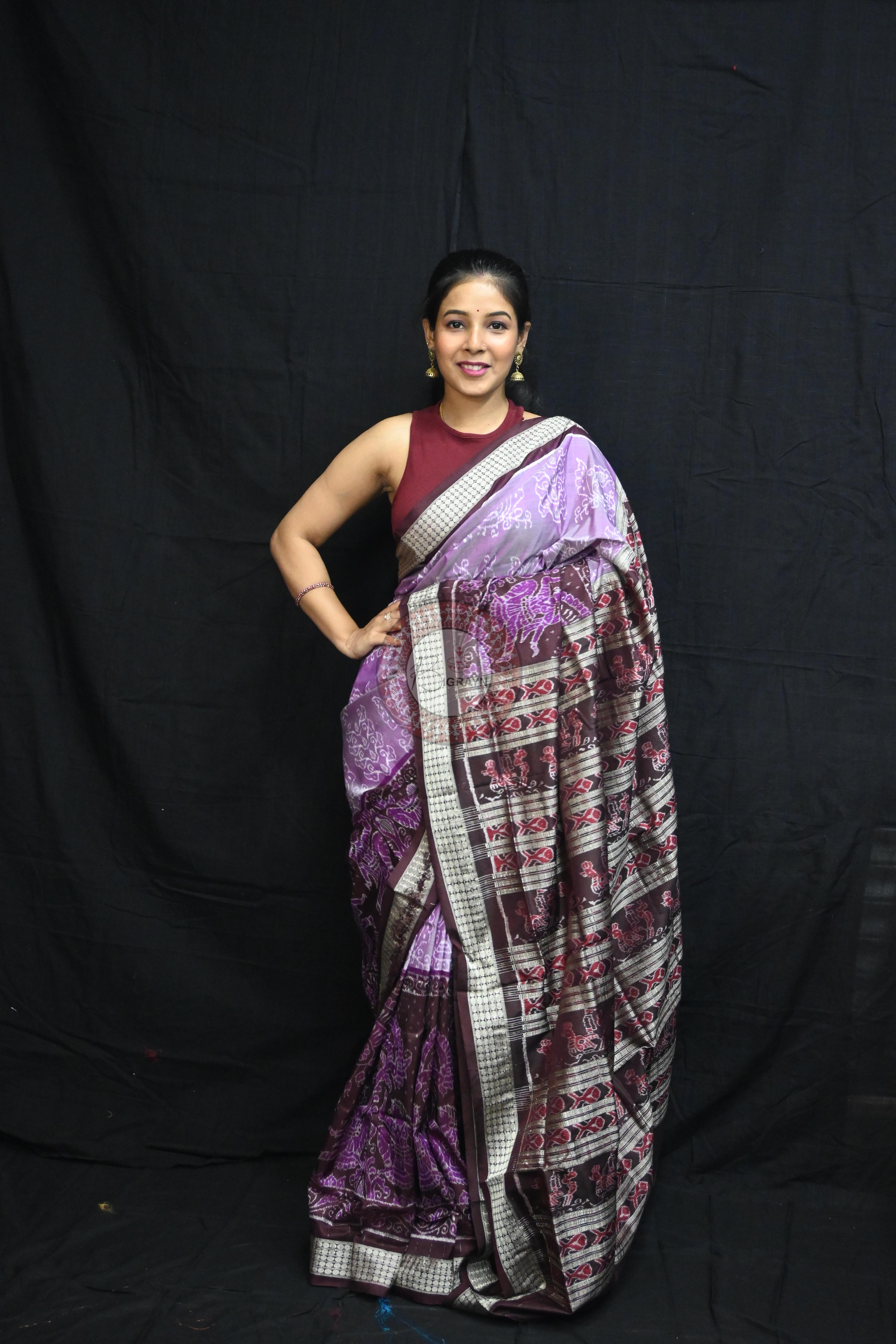 Dual Peacock Violet Maroon Sambalpuri Silk Saree