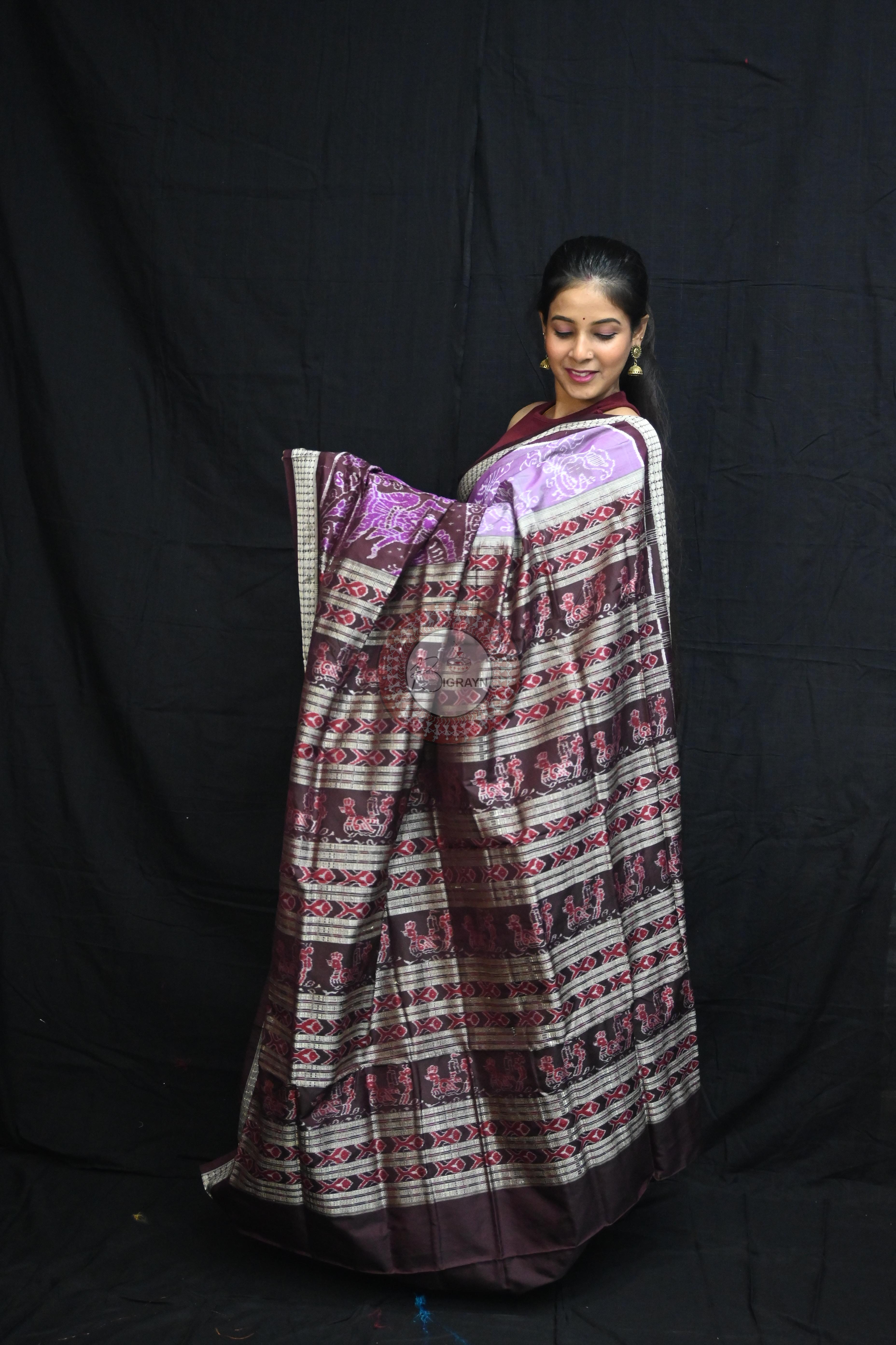 Dual Peacock Violet Maroon Sambalpuri Silk Saree