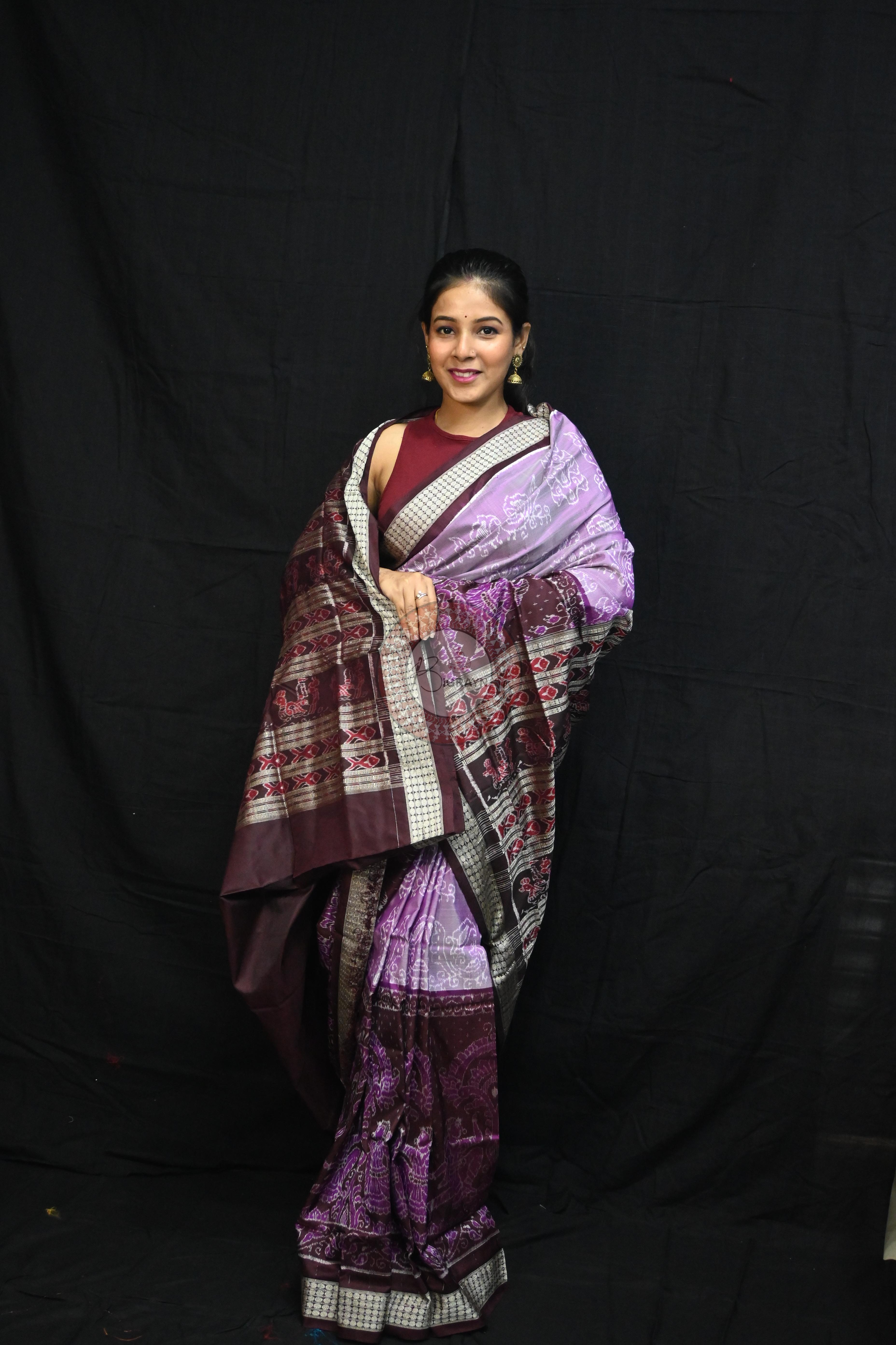 Dual Peacock Violet Maroon Sambalpuri Silk Saree