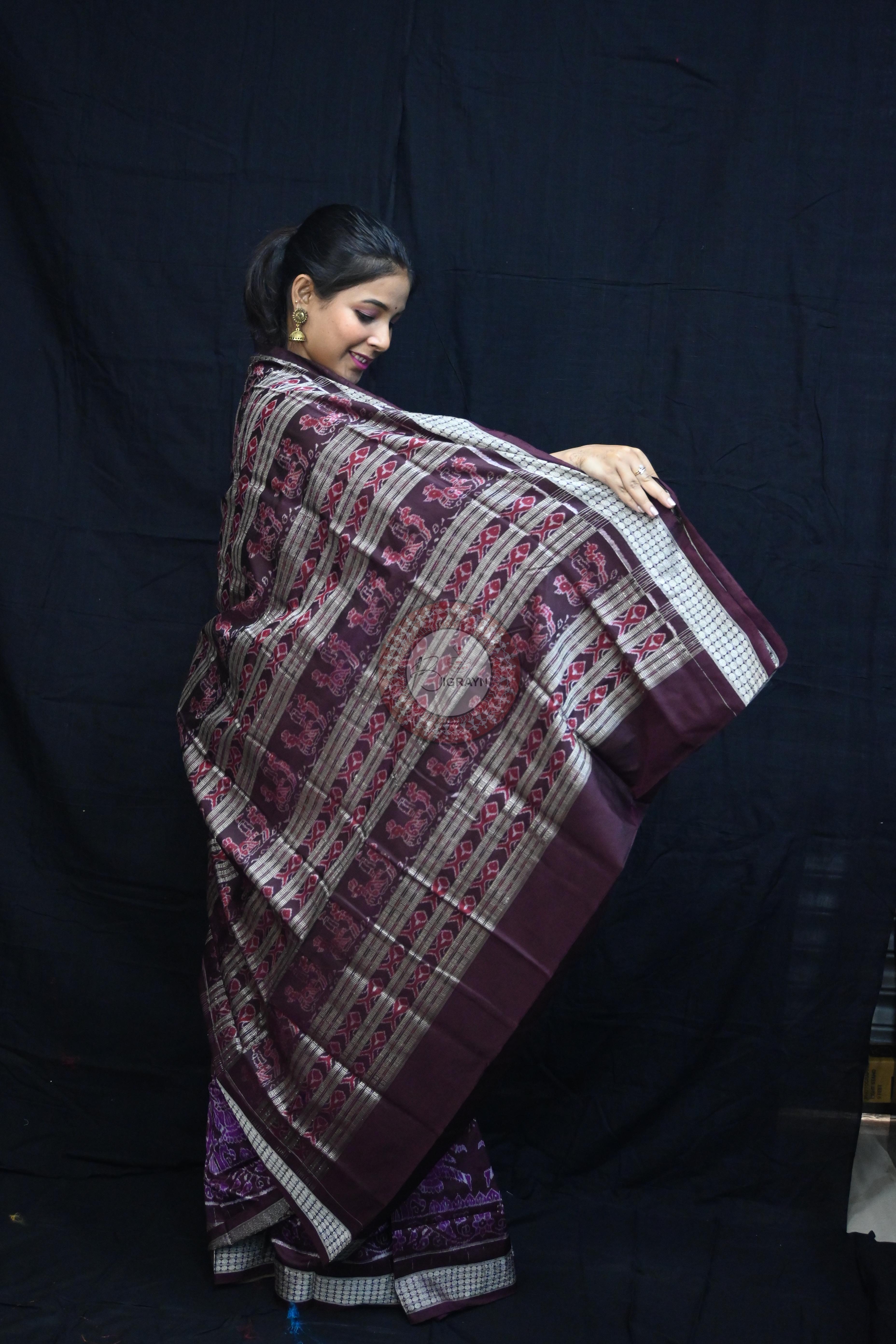 Dual Peacock Violet Maroon Sambalpuri Silk Saree