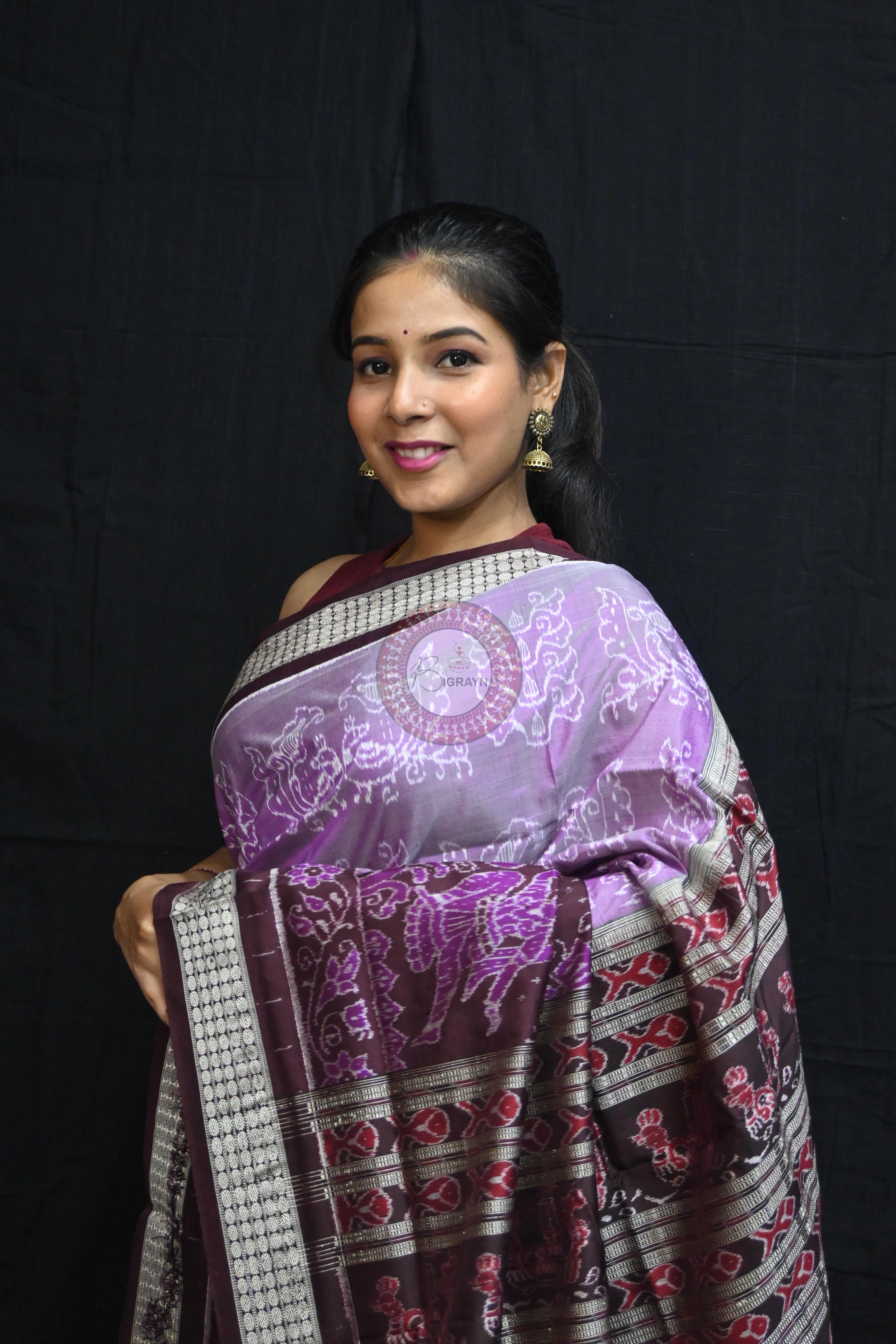Dual Peacock Violet Maroon Sambalpuri Silk Saree