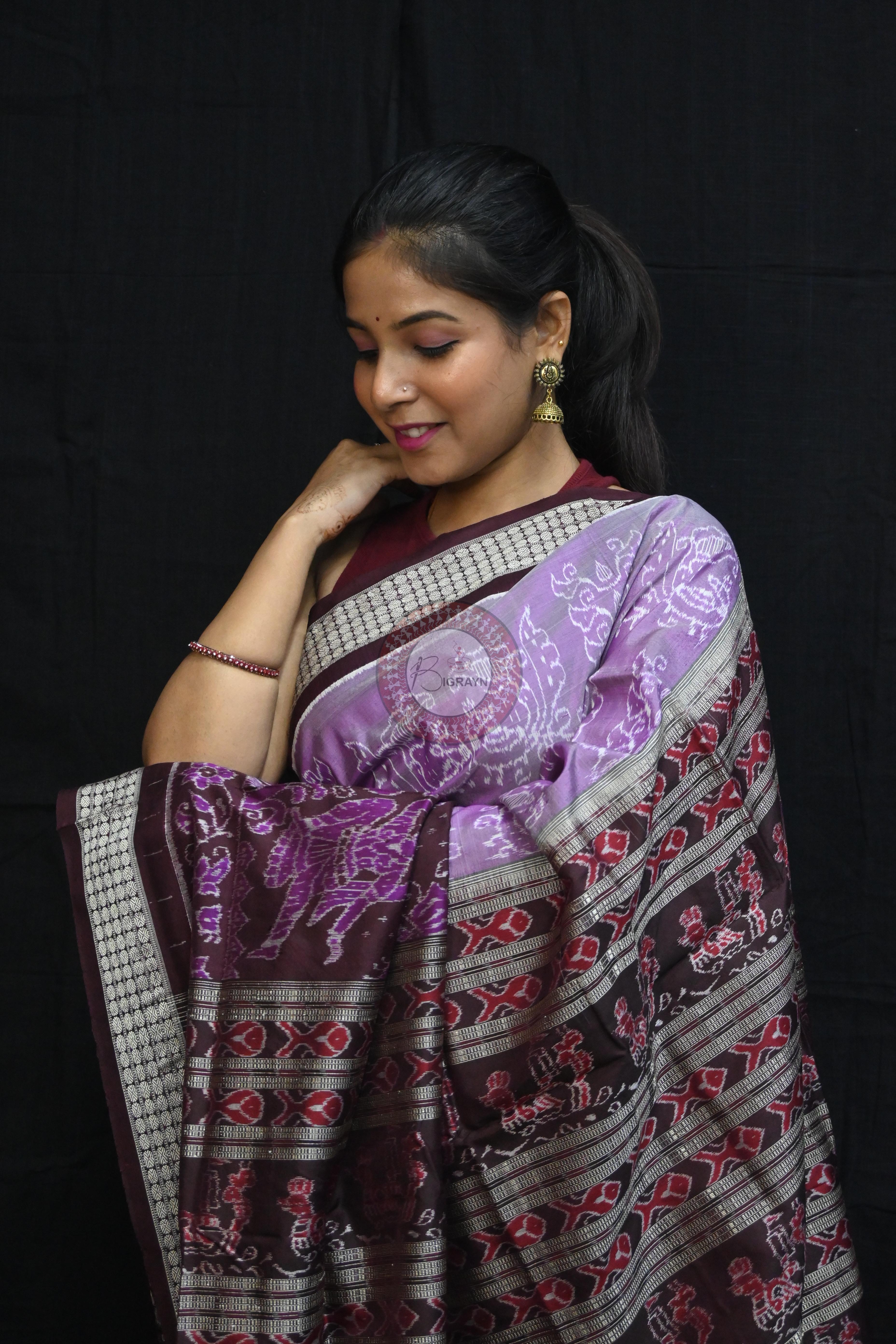 Dual Peacock Violet Maroon Sambalpuri Silk Saree