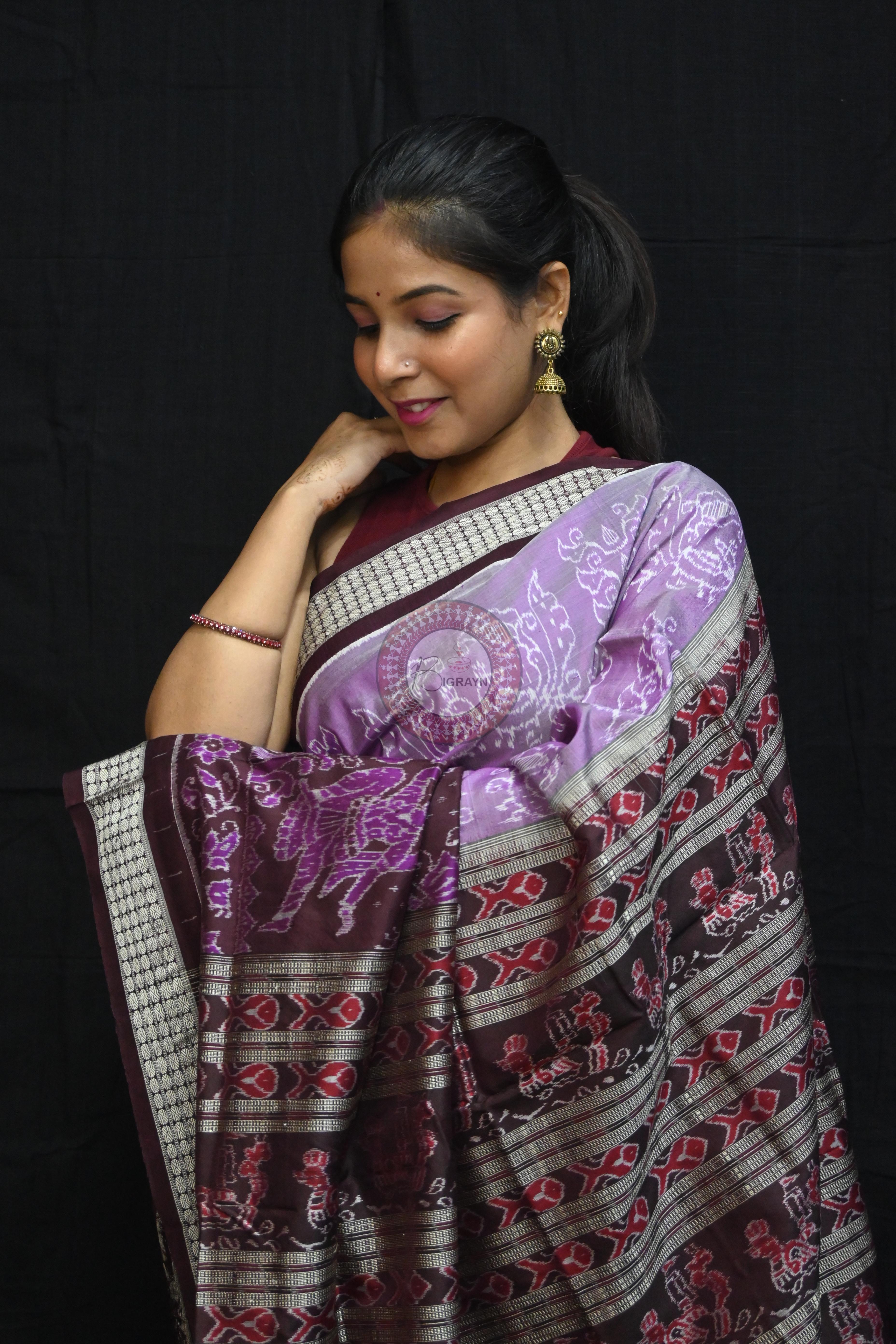 Dual Peacock Violet Maroon Sambalpuri Silk Saree