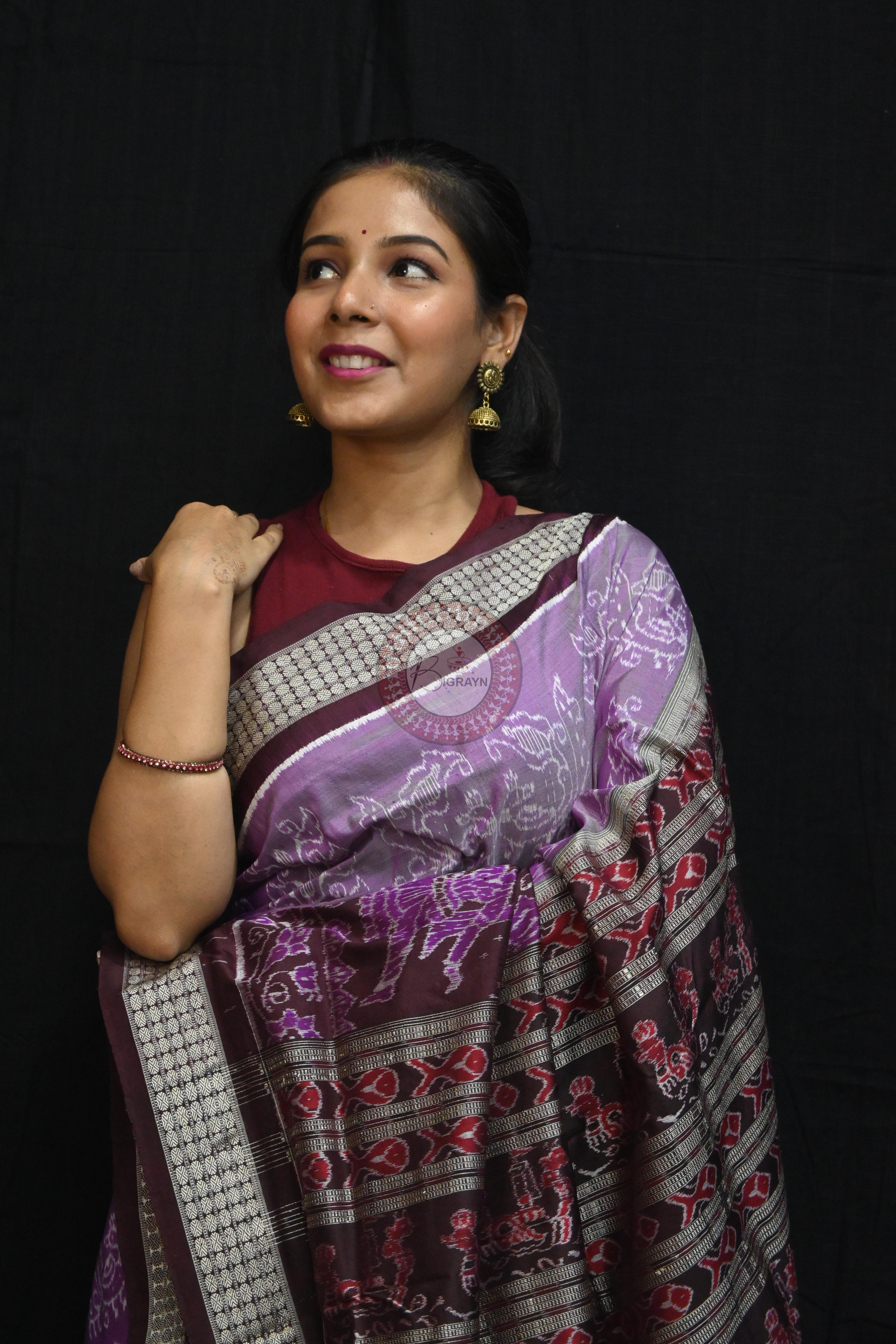 Dual Peacock Violet Maroon Sambalpuri Silk Saree