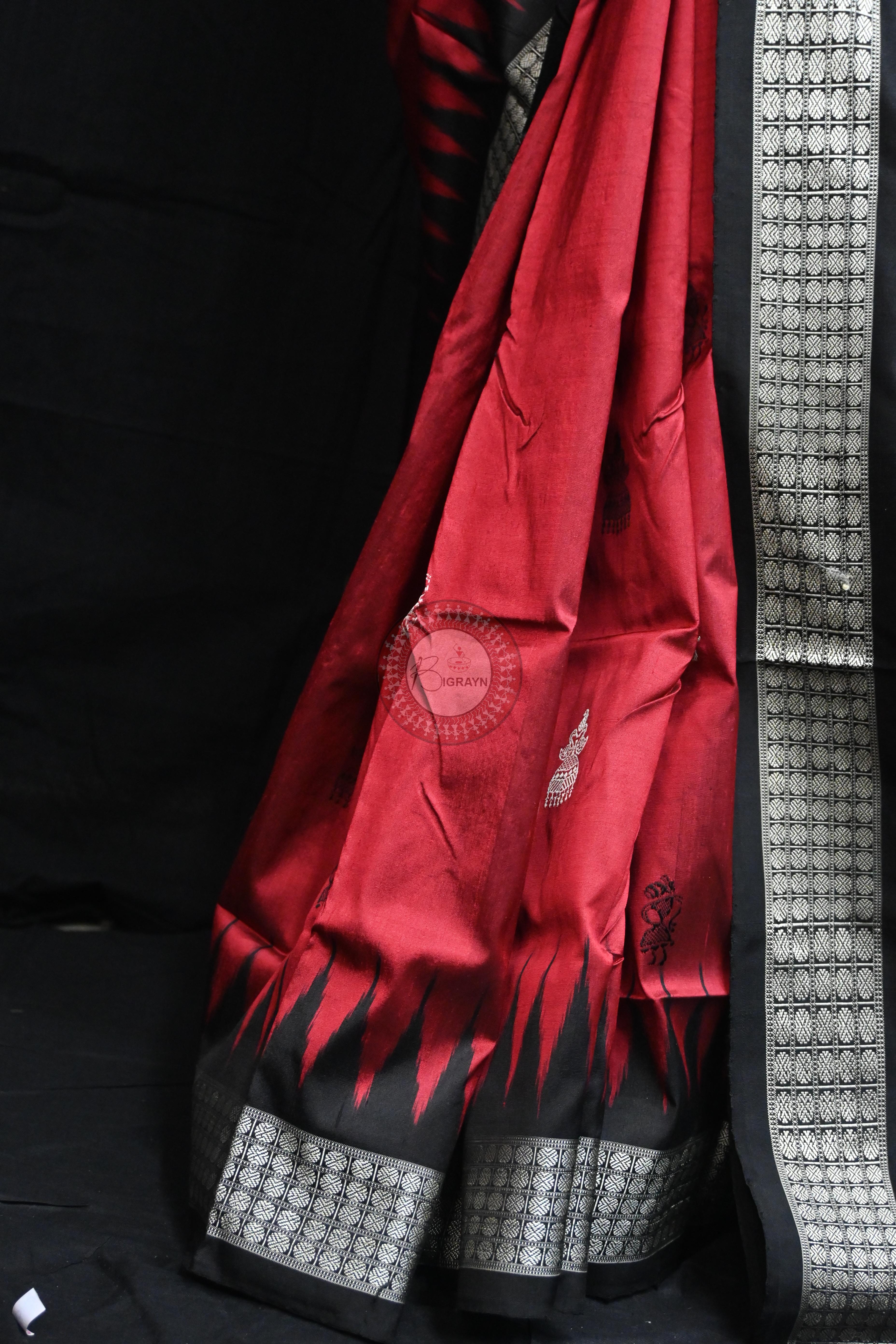 Maroon Black Jhumka Tribals Bomkai Silk Saree