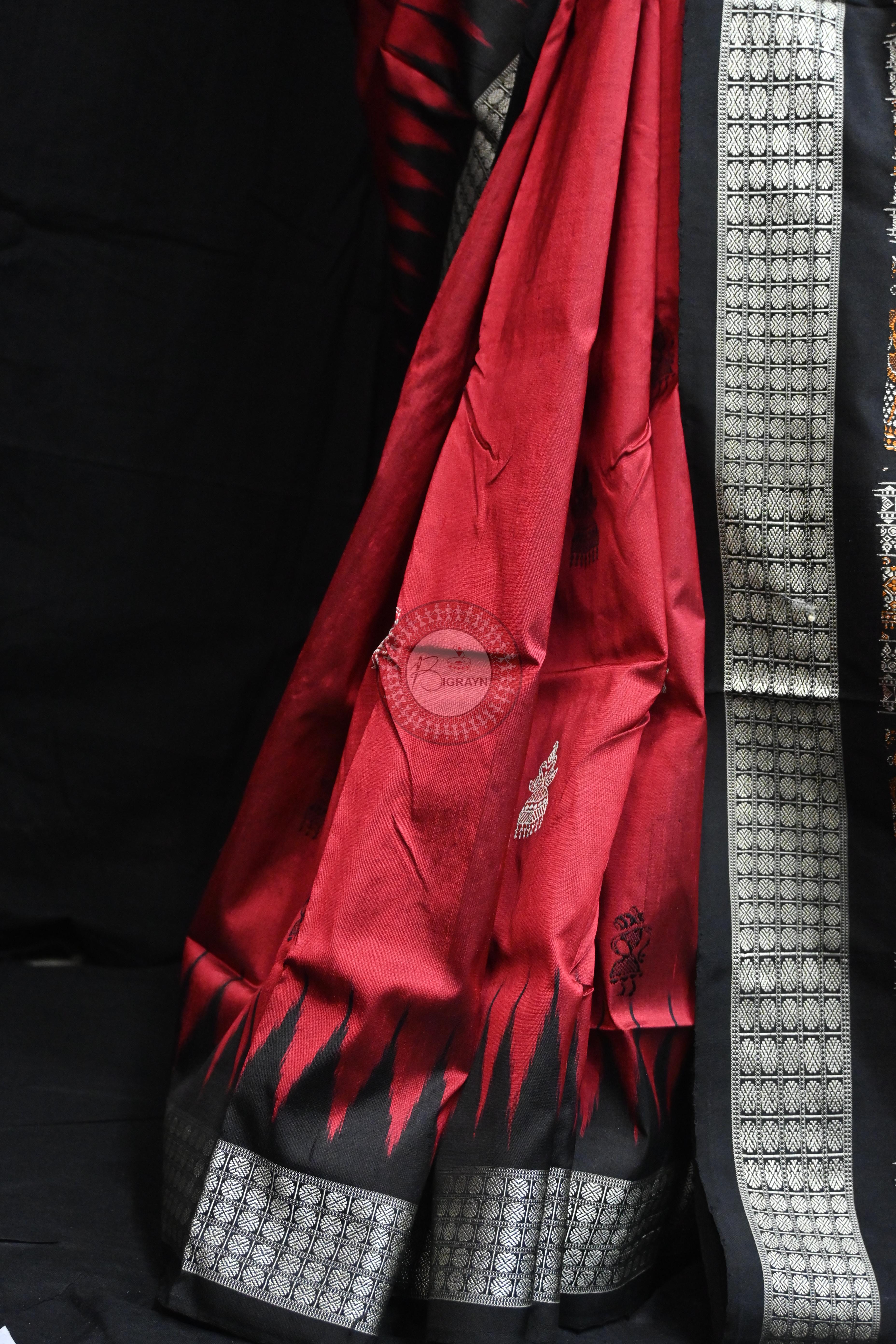 Maroon Black Jhumka Tribals Bomkai Silk Saree