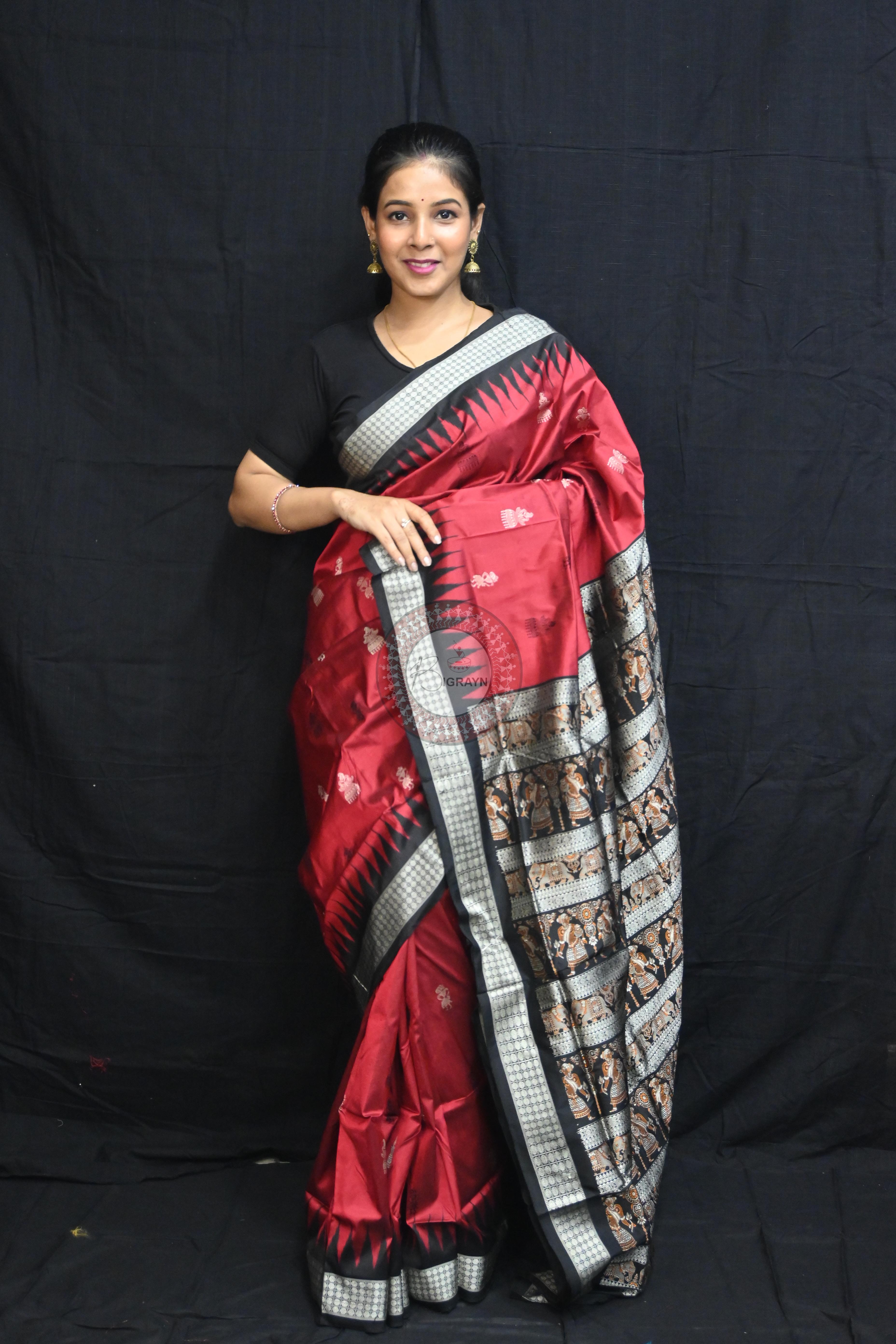 Maroon Black Jhumka Tribals Bomkai Silk Saree