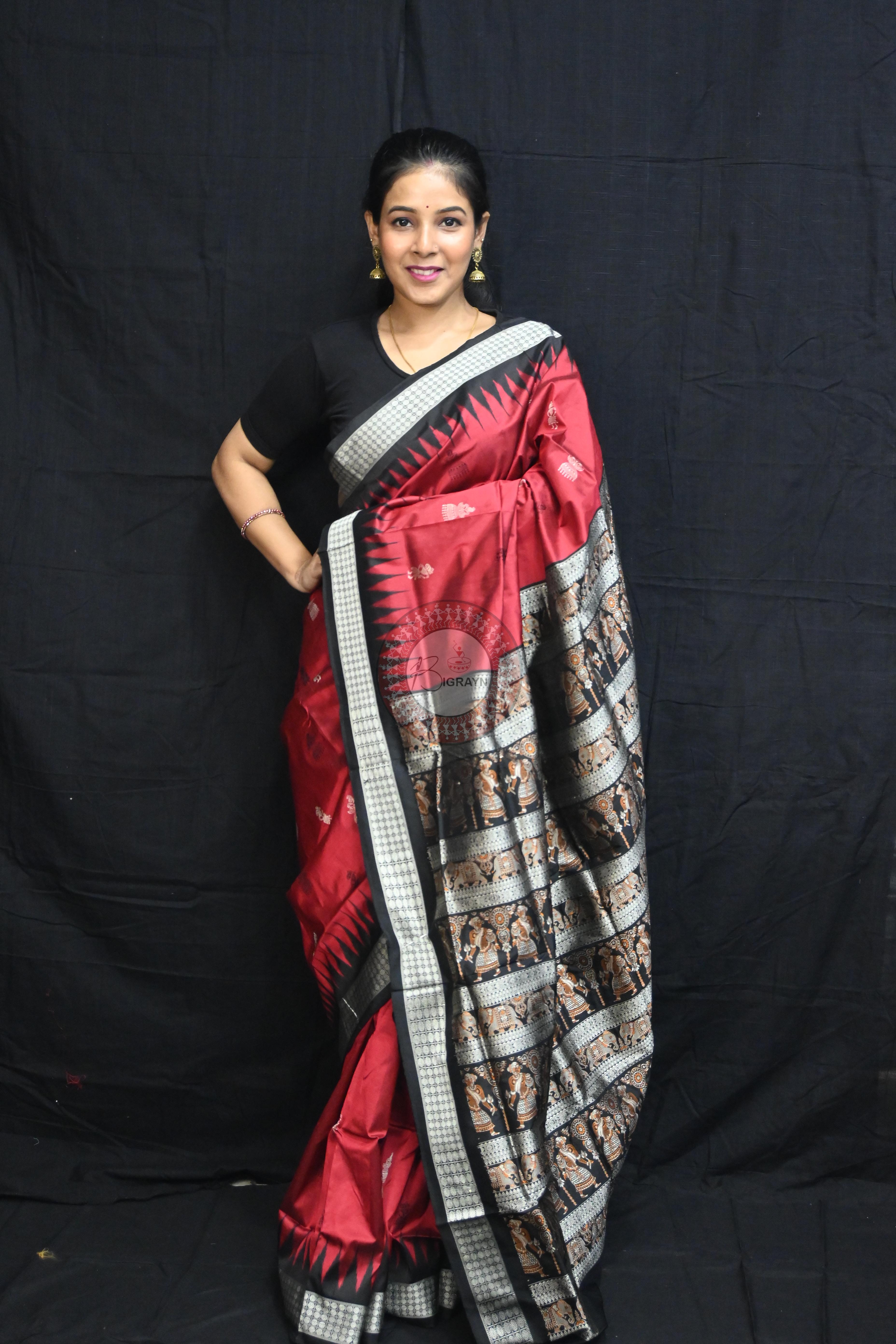 Maroon Black Jhumka Tribals Bomkai Silk Saree