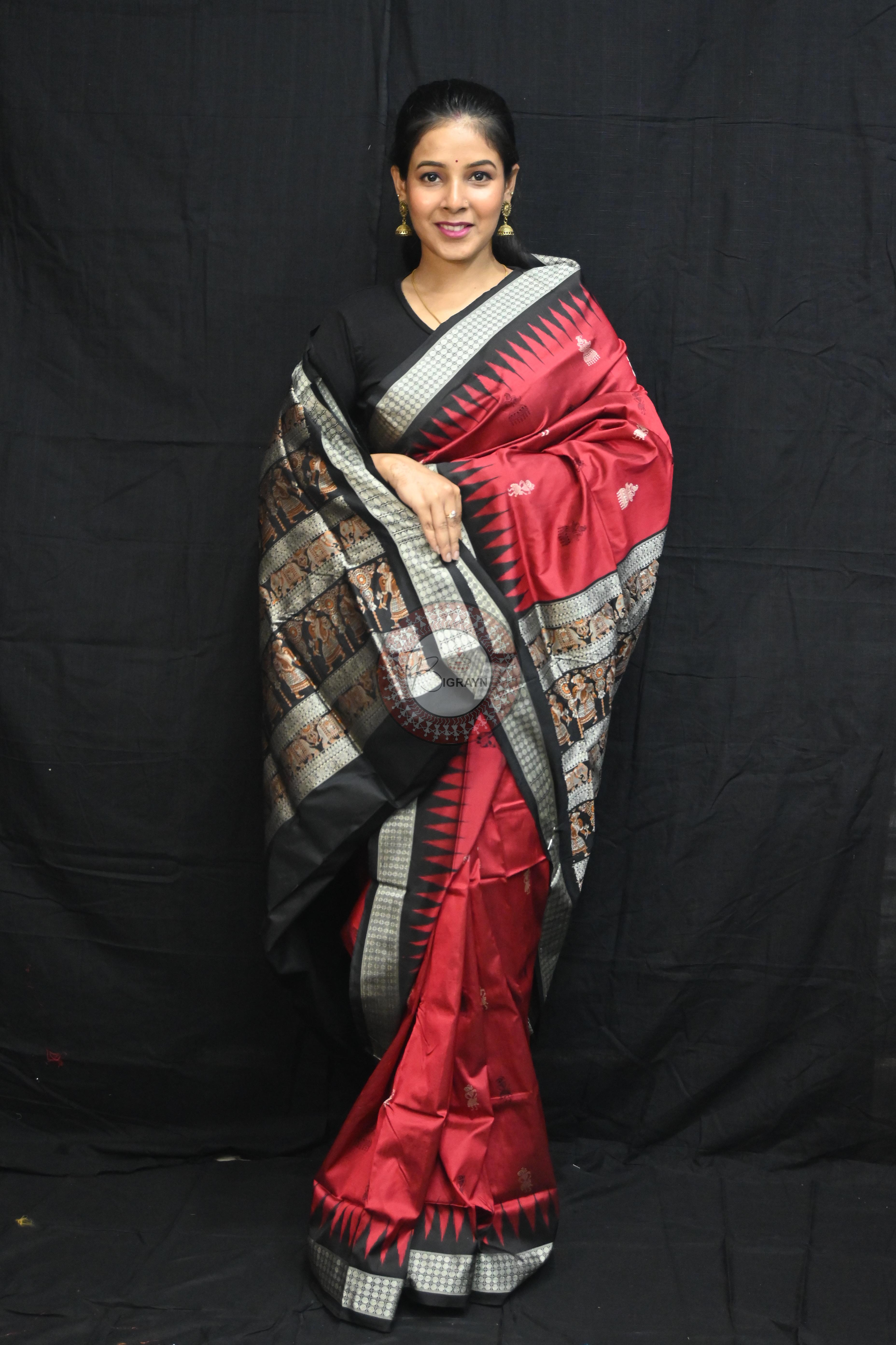 Maroon Black Jhumka Tribals Bomkai Silk Saree